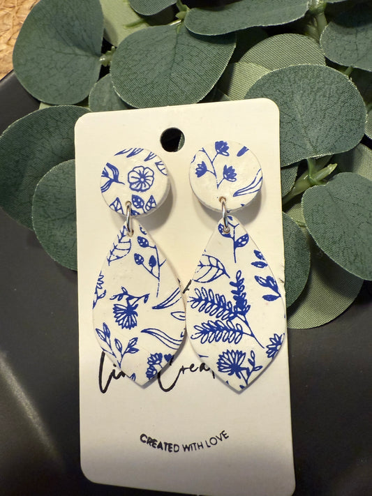Clip on polymer clay earrings blue and white floral pattern dangle handmade clay gift for her wedding bridal gift