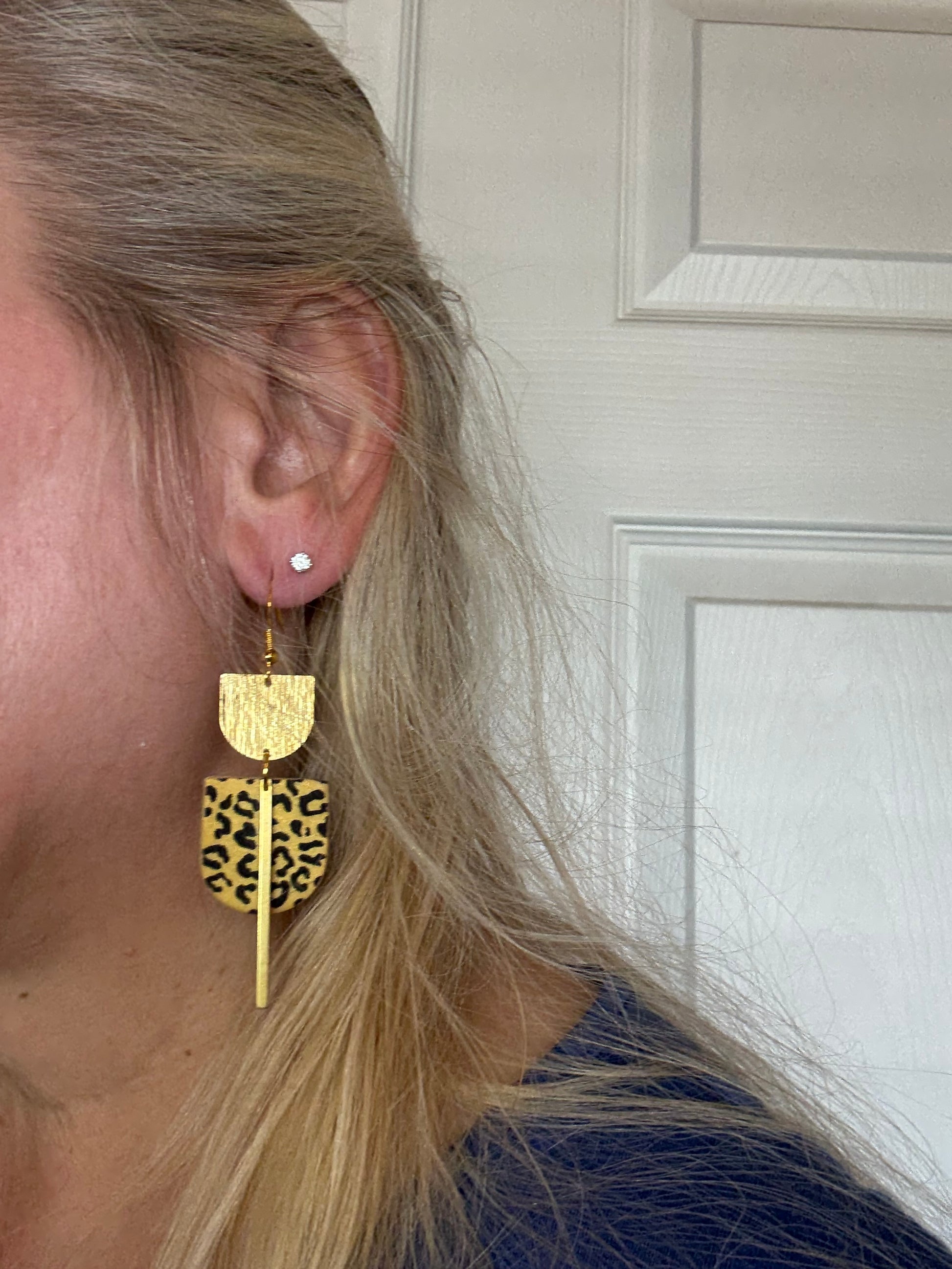 Leopard print clay earrings handmade animal print jewelry tan black geometric edgy modern clay earring trendy bold statement funky jewelry gift for stylish woman