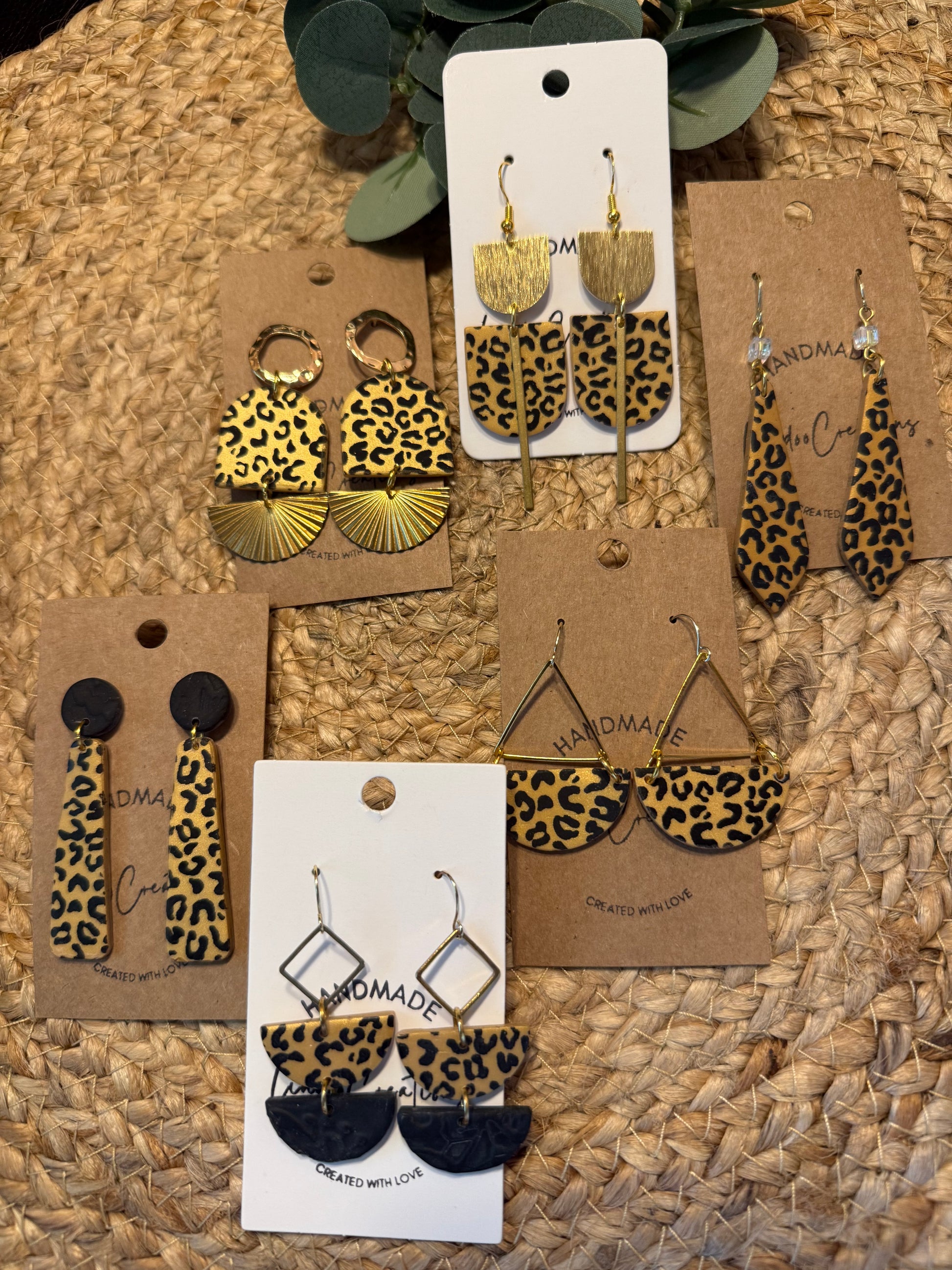 Leopard print clay earrings handmade animal print jewelry tan black geometric edgy modern clay earring trendy bold statement funky jewelry gift for stylish woman