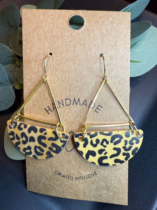 Leopard print clay earrings handmade animal print jewelry tan black geometric edgy modern clay earring trendy bold statement funky jewelry gift for stylish woman