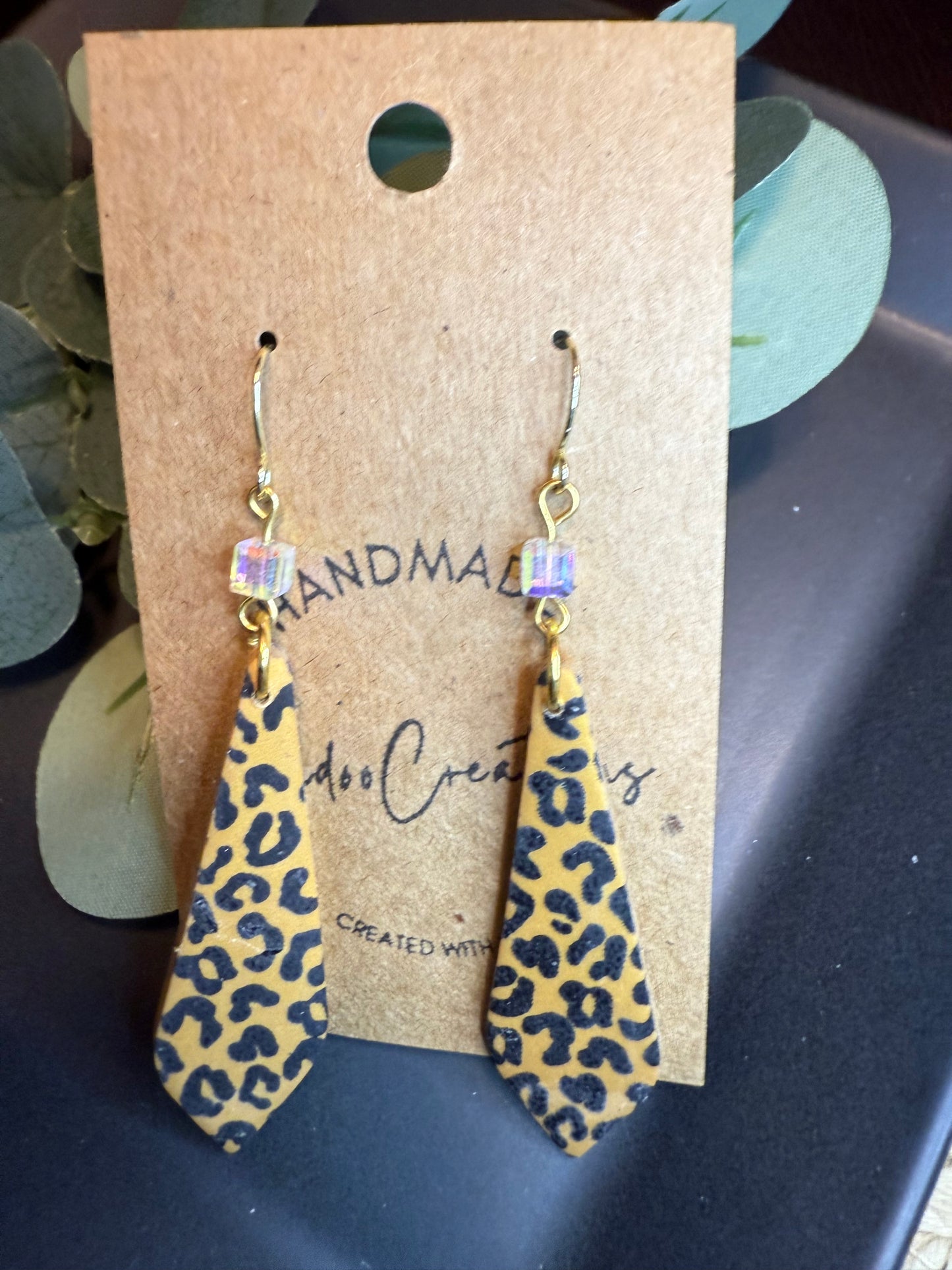 Leopard print clay earrings handmade animal print jewelry tan black geometric edgy modern clay earring trendy bold statement funky jewelry gift for stylish woman