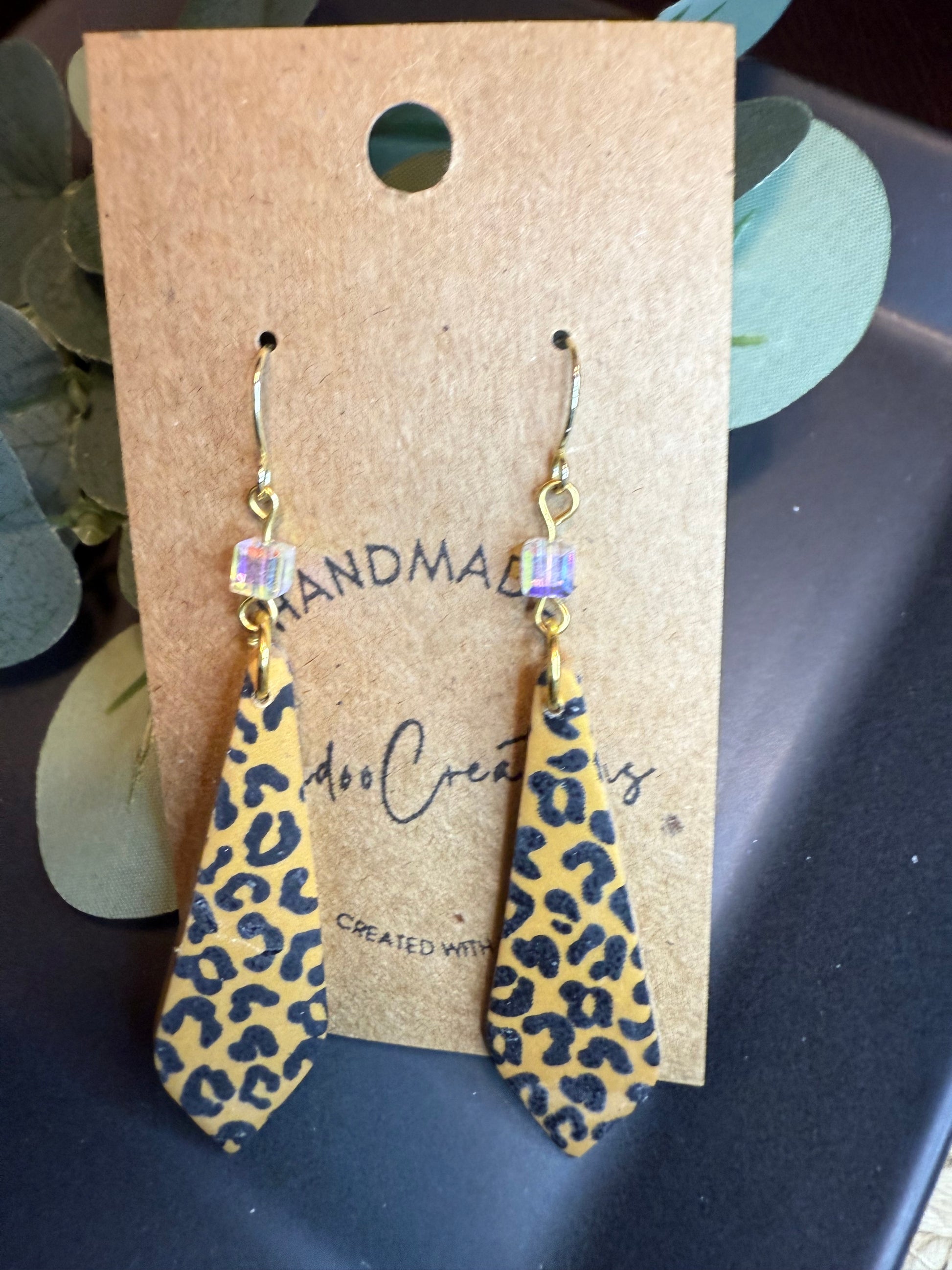 Leopard print clay earrings handmade animal print jewelry tan black geometric edgy modern clay earring trendy bold statement funky jewelry gift for stylish woman