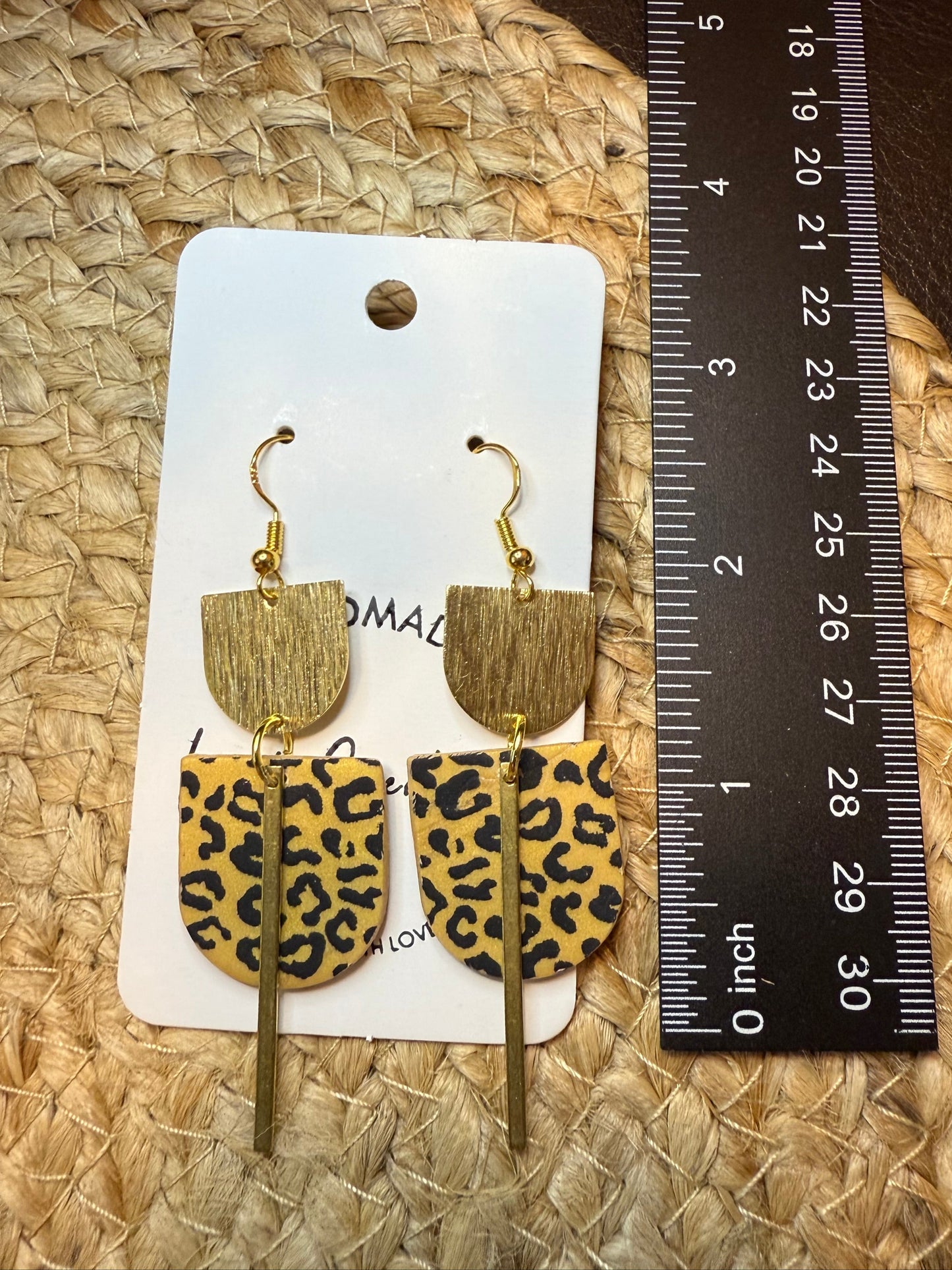 Leopard print clay earrings handmade animal print jewelry tan black geometric edgy modern clay earring trendy bold statement funky jewelry gift for stylish woman