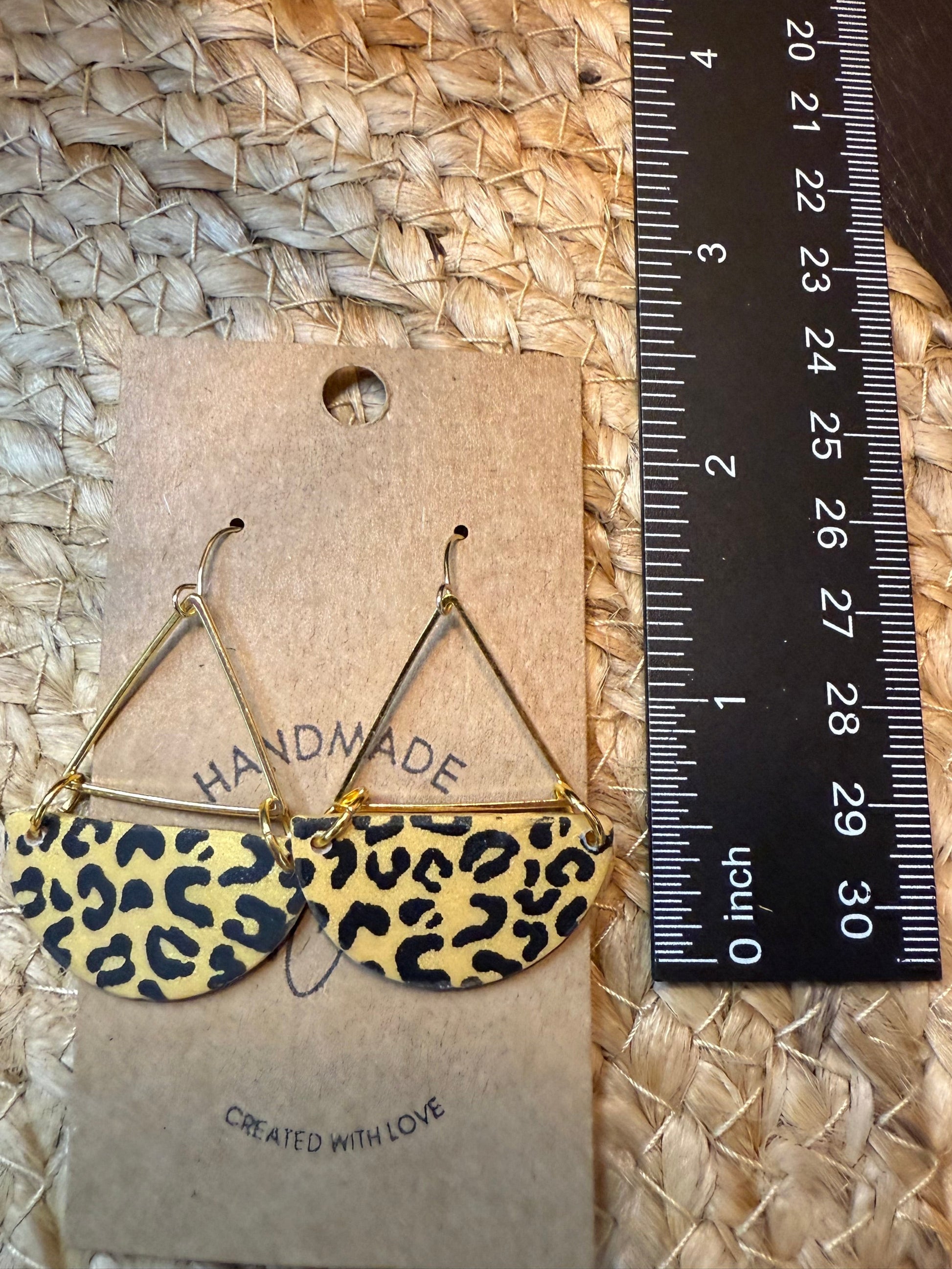 Leopard print clay earrings handmade animal print jewelry tan black geometric edgy modern clay earring trendy bold statement funky jewelry gift for stylish woman
