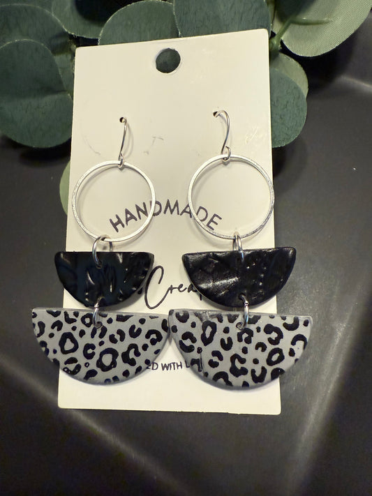 Leopard print clay earrings handmade animal print jewelry grey black geometric edgy modern clay earring trendy bold statement funky jewelry gift for stylish woman