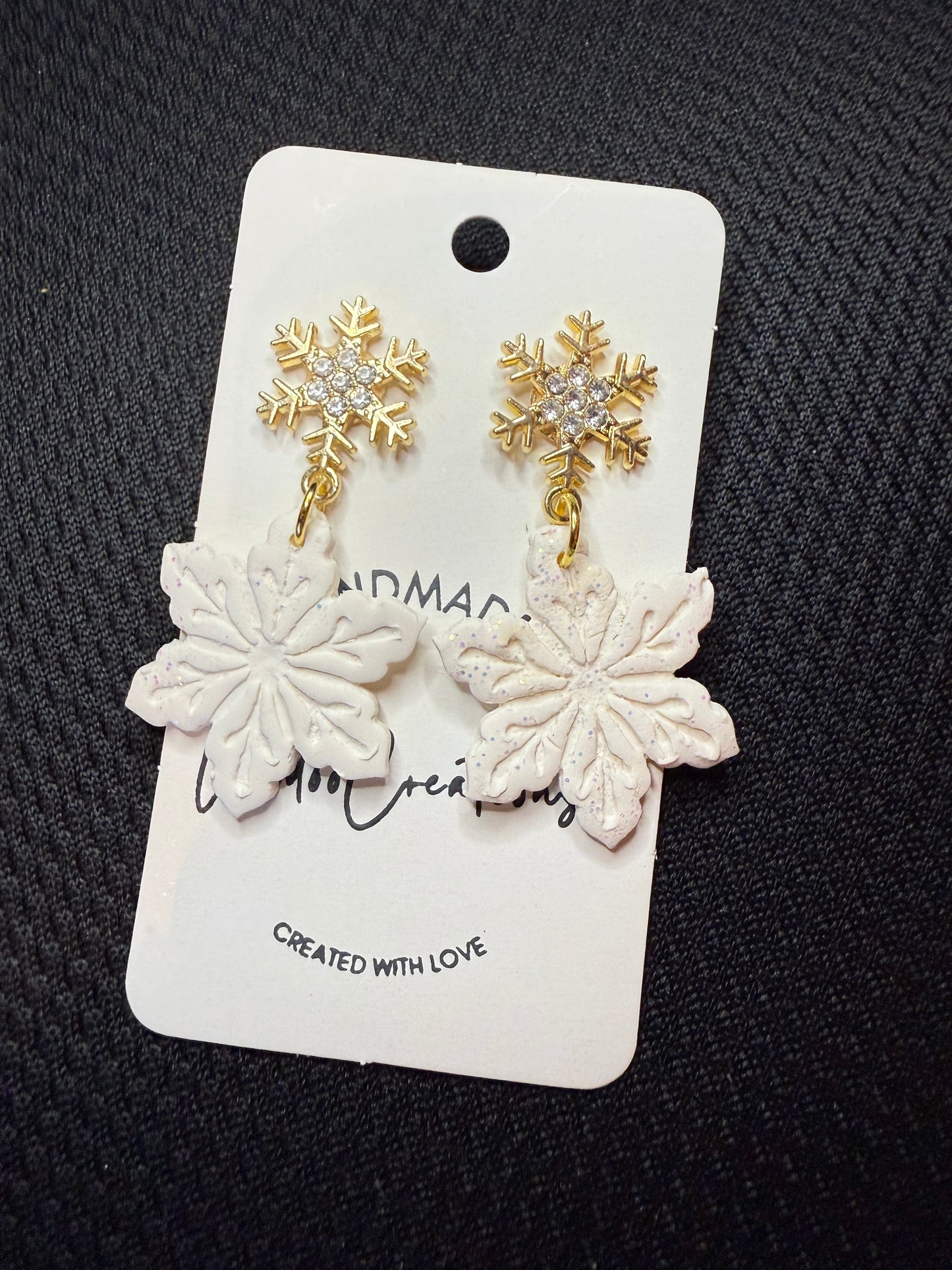 Sparkly white Snowflake clay earrings handmade lightweight Holiday Christmas Winter gold snowflake stud
