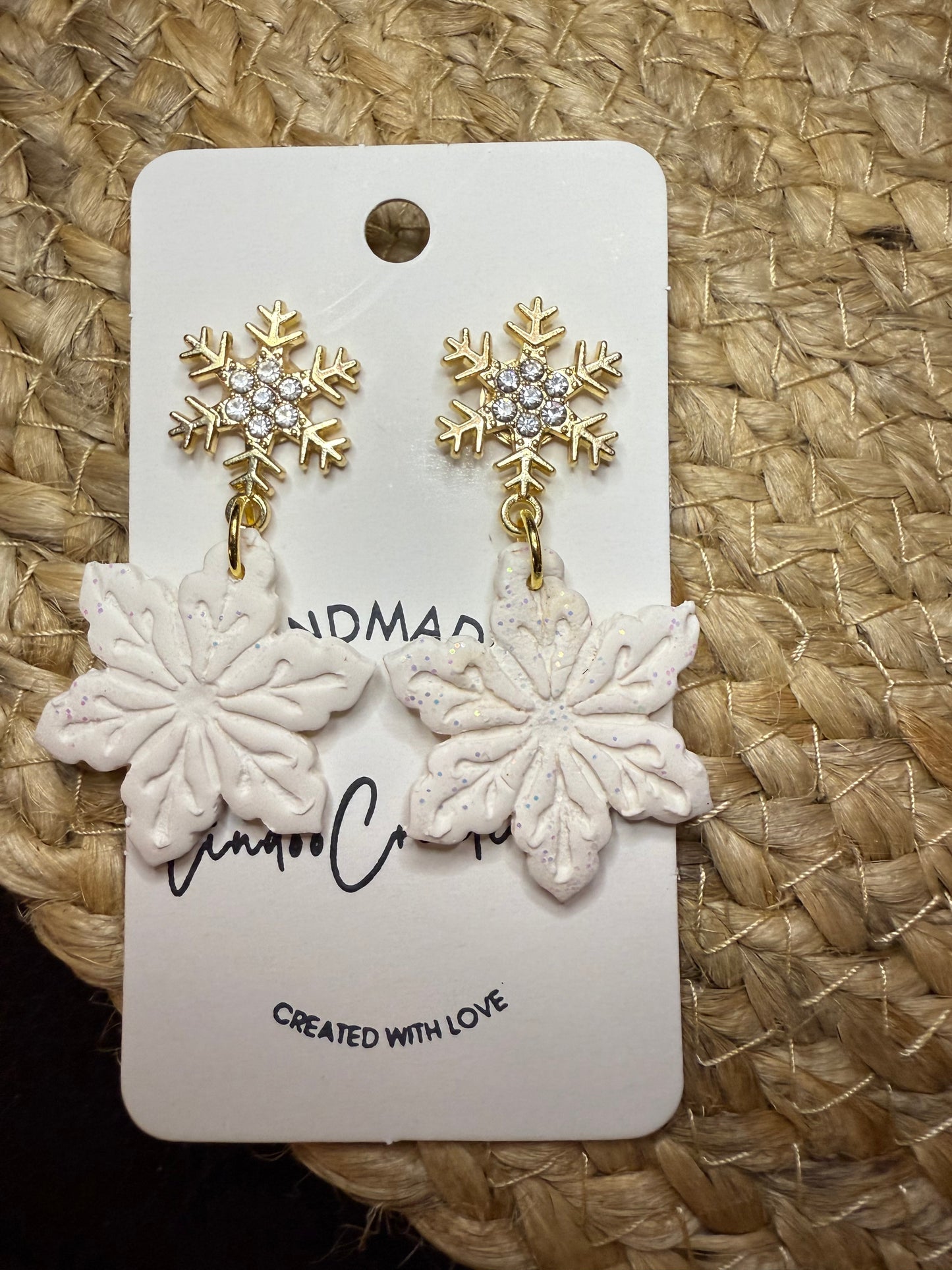 Sparkly white Snowflake clay earrings handmade lightweight Holiday Christmas Winter gold snowflake stud