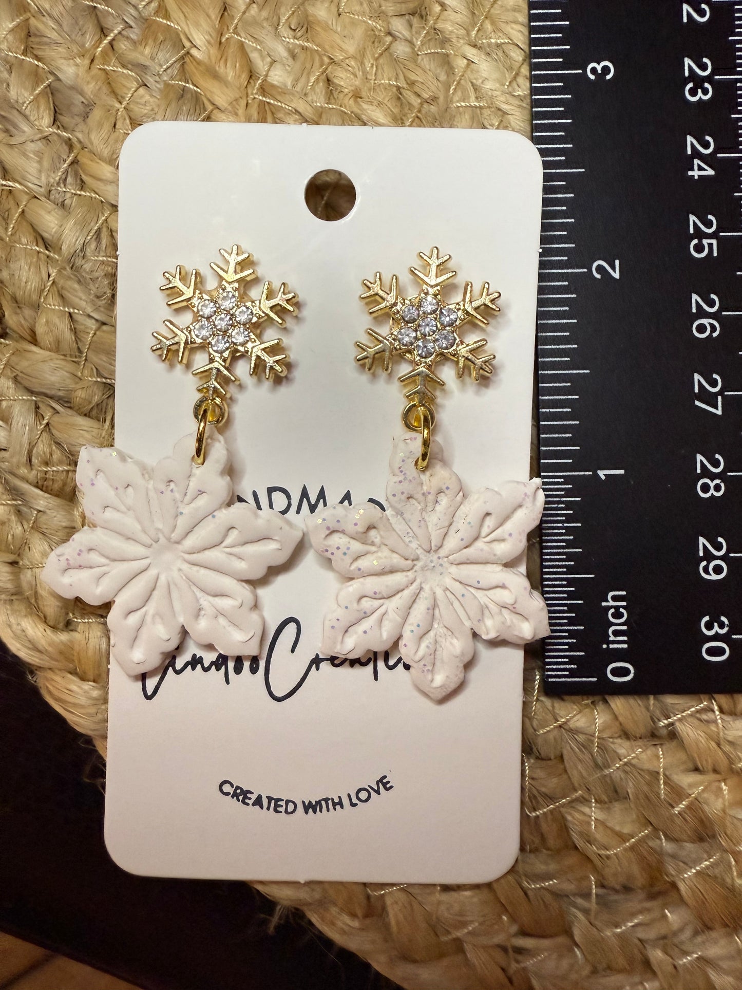 Sparkly white Snowflake clay earrings handmade lightweight Holiday Christmas Winter gold snowflake stud
