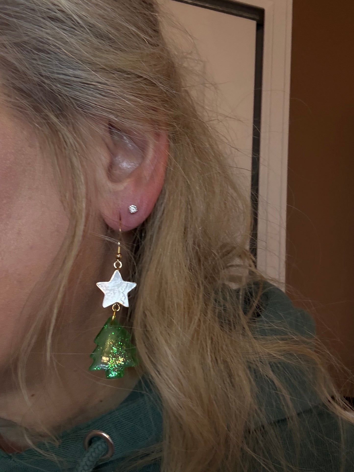 Green tree Christmas earrings handmade lightweight resin jewelry Holiday gift for her