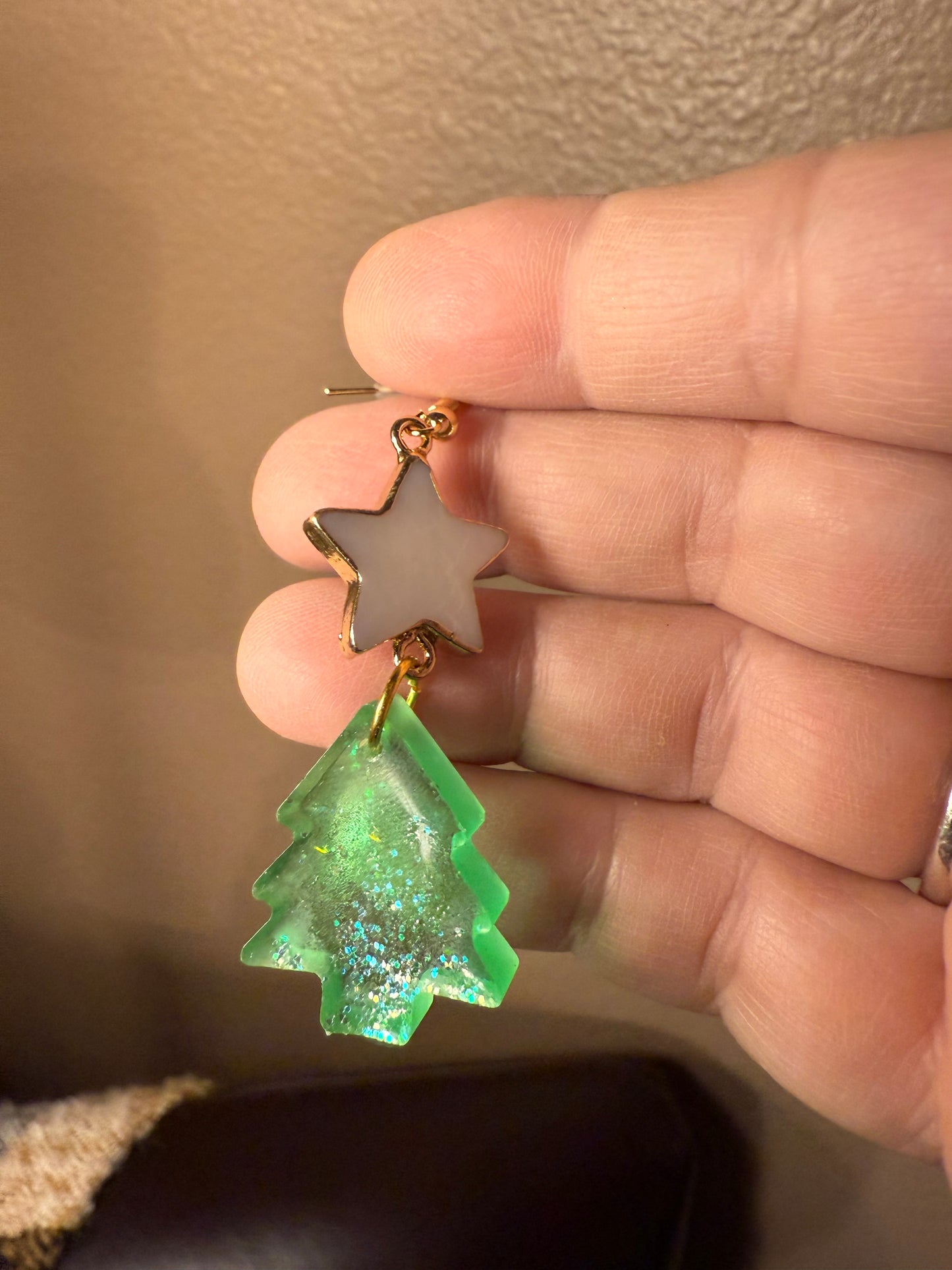 Green tree Christmas earrings handmade lightweight resin jewelry Holiday gift for her
