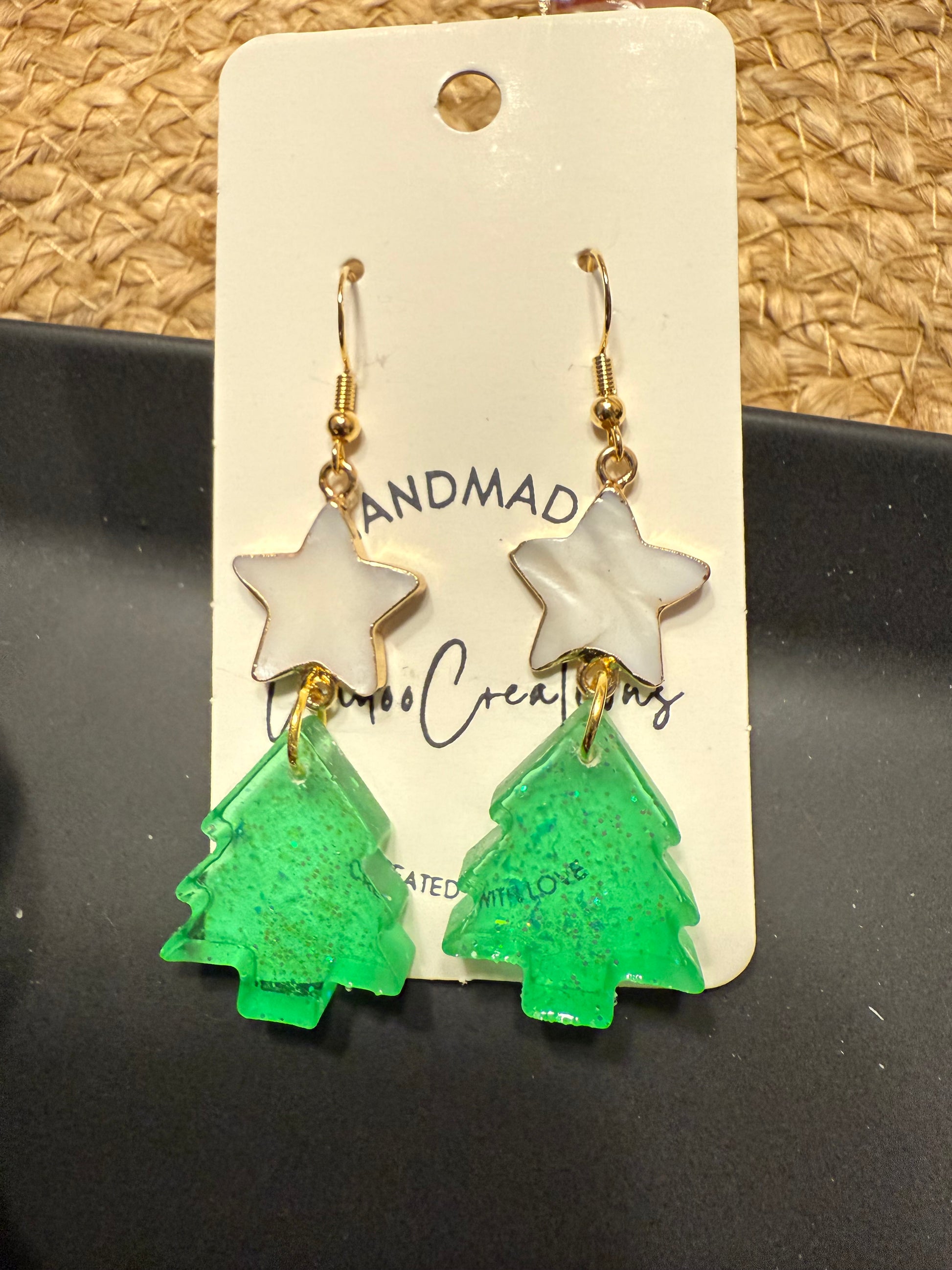 Resin green christmas tree sparkly dangling earring with  white enamel star charm gold coated ear wire closure holiday gift idea for her