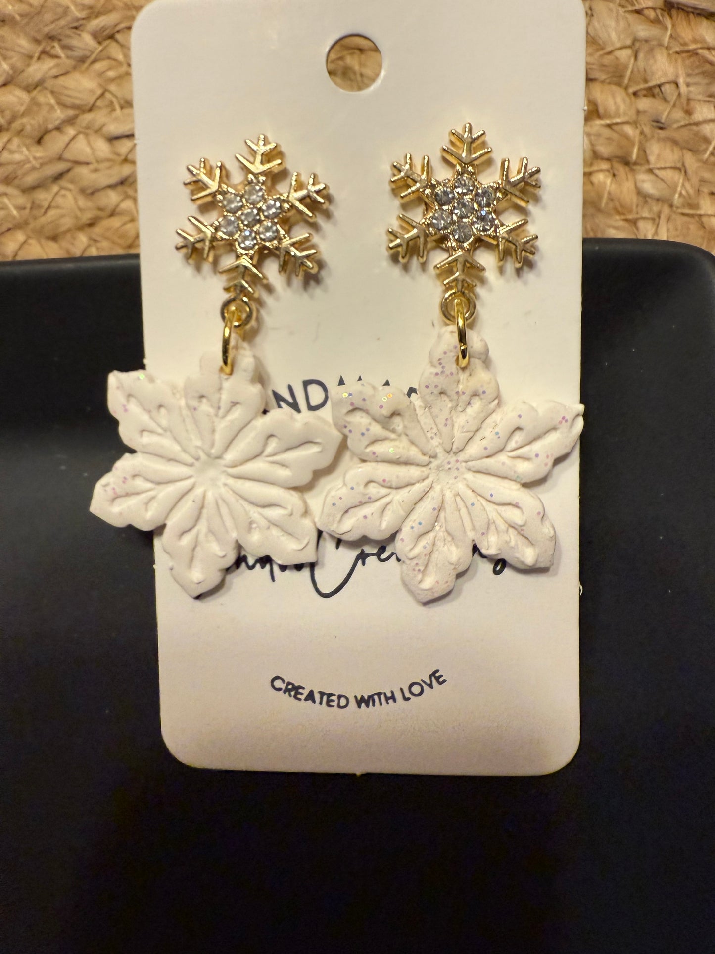 Sparkly white Snowflake clay earrings handmade lightweight Holiday Christmas Winter gold snowflake stud