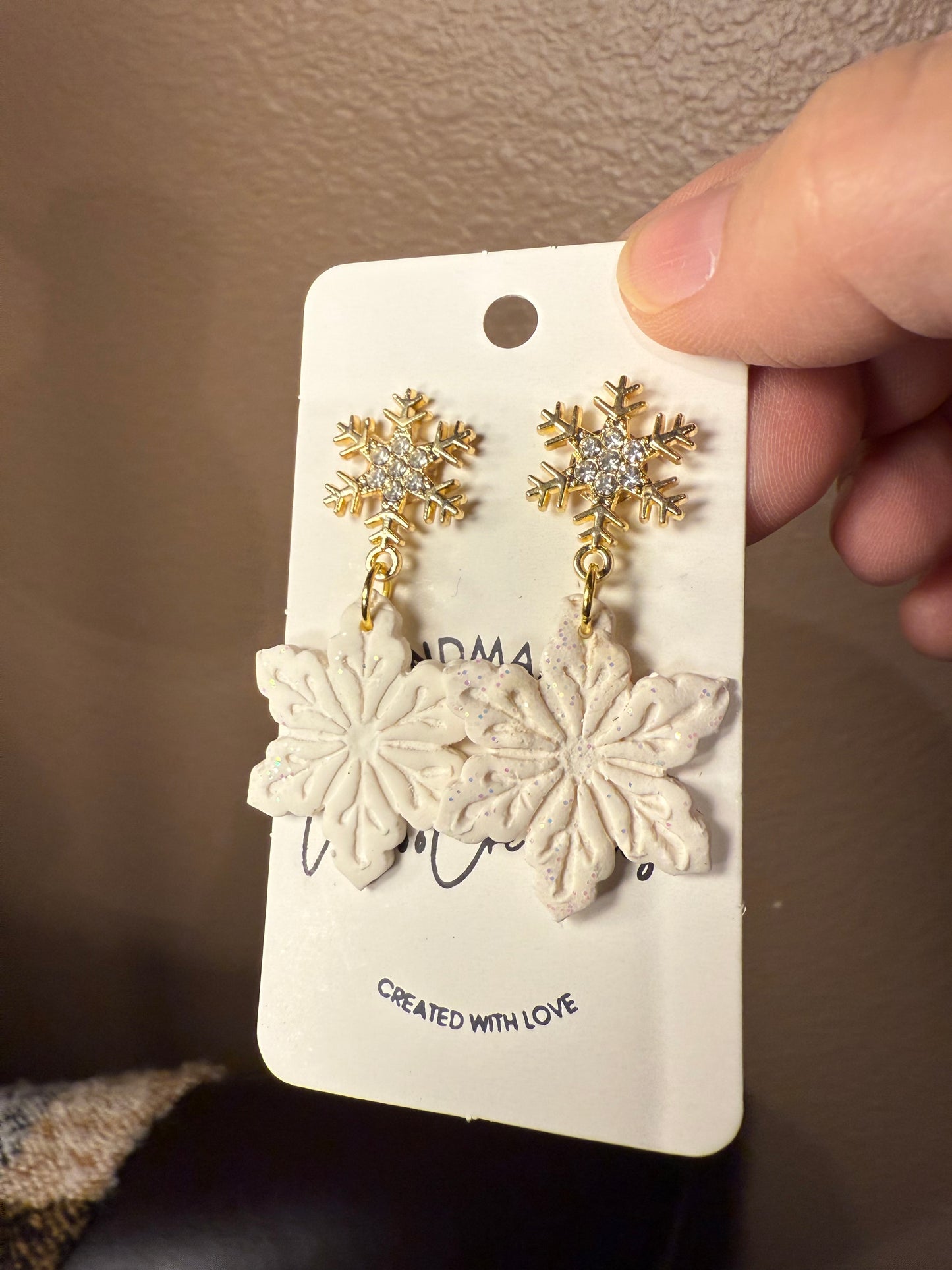Sparkly white Snowflake clay earrings handmade lightweight Holiday Christmas Winter gold snowflake stud