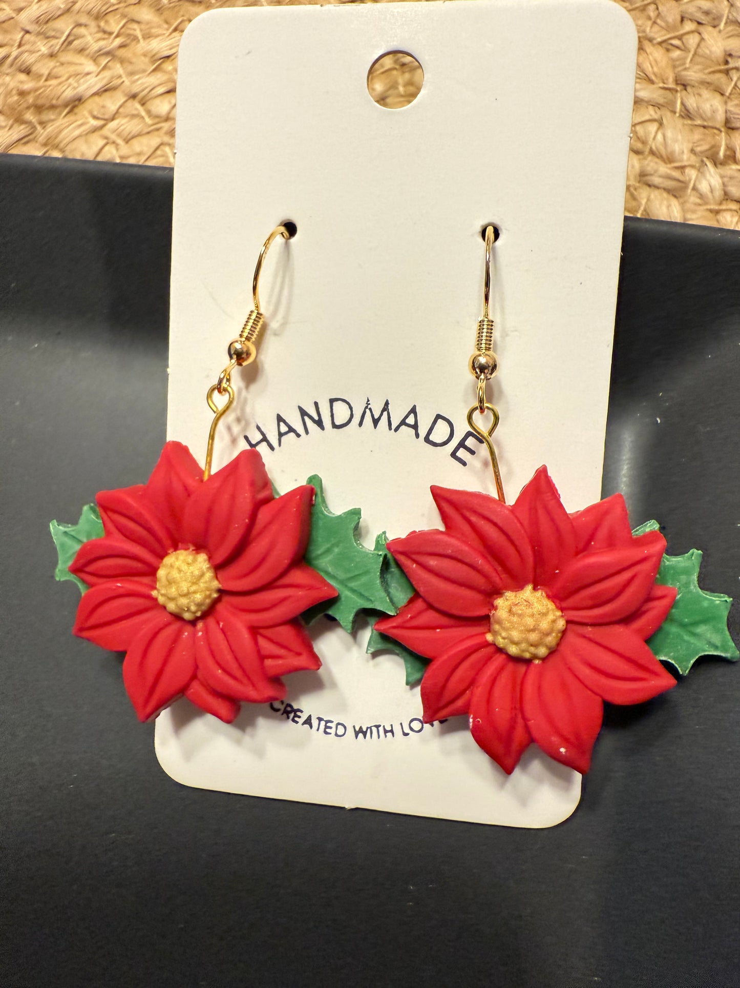 Red Poinsettia Christmas earrings handmade lightweight polymer clay Holiday gift for her