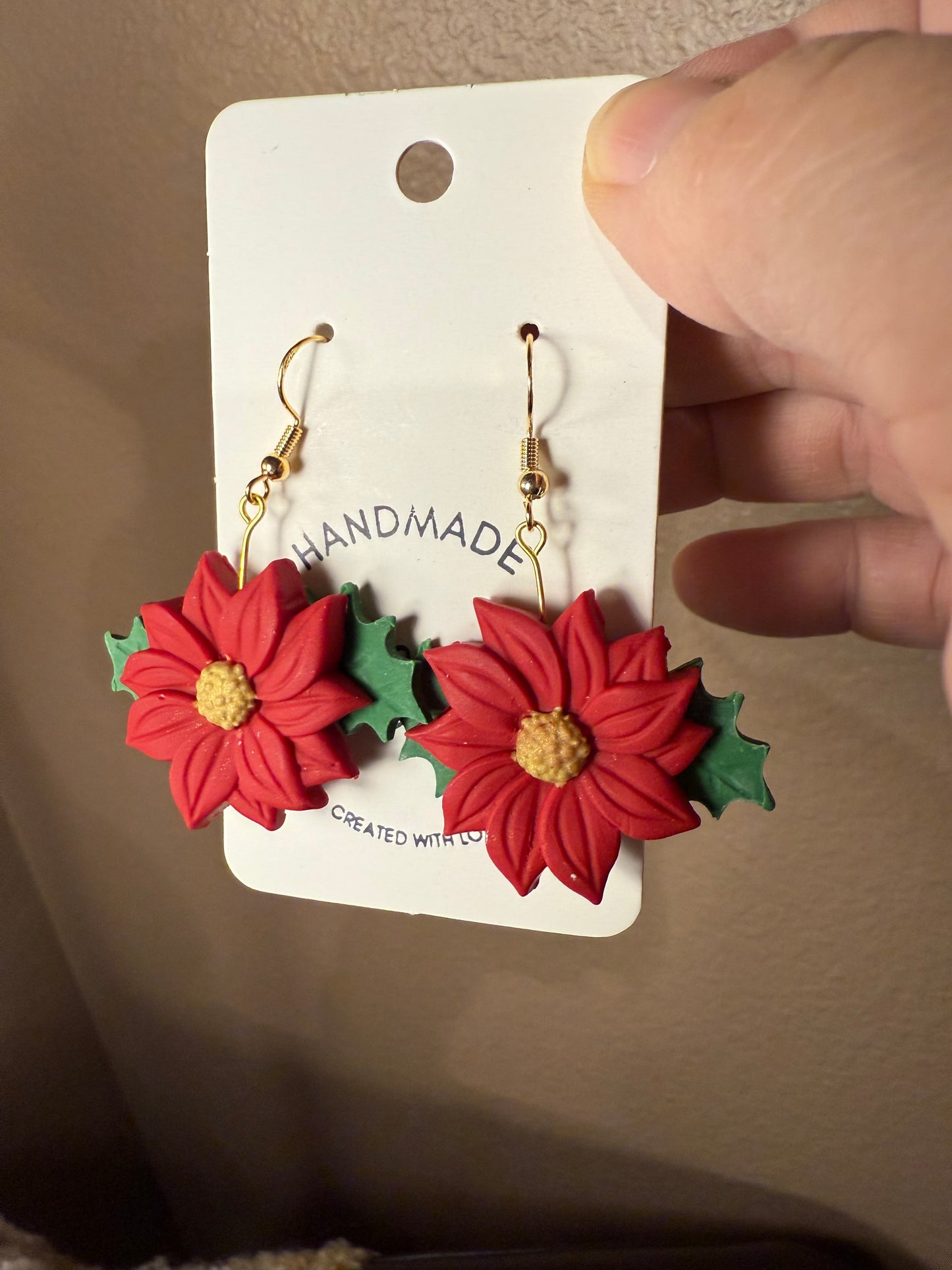 Red Poinsettia Christmas earrings handmade lightweight polymer clay Holiday gift for her