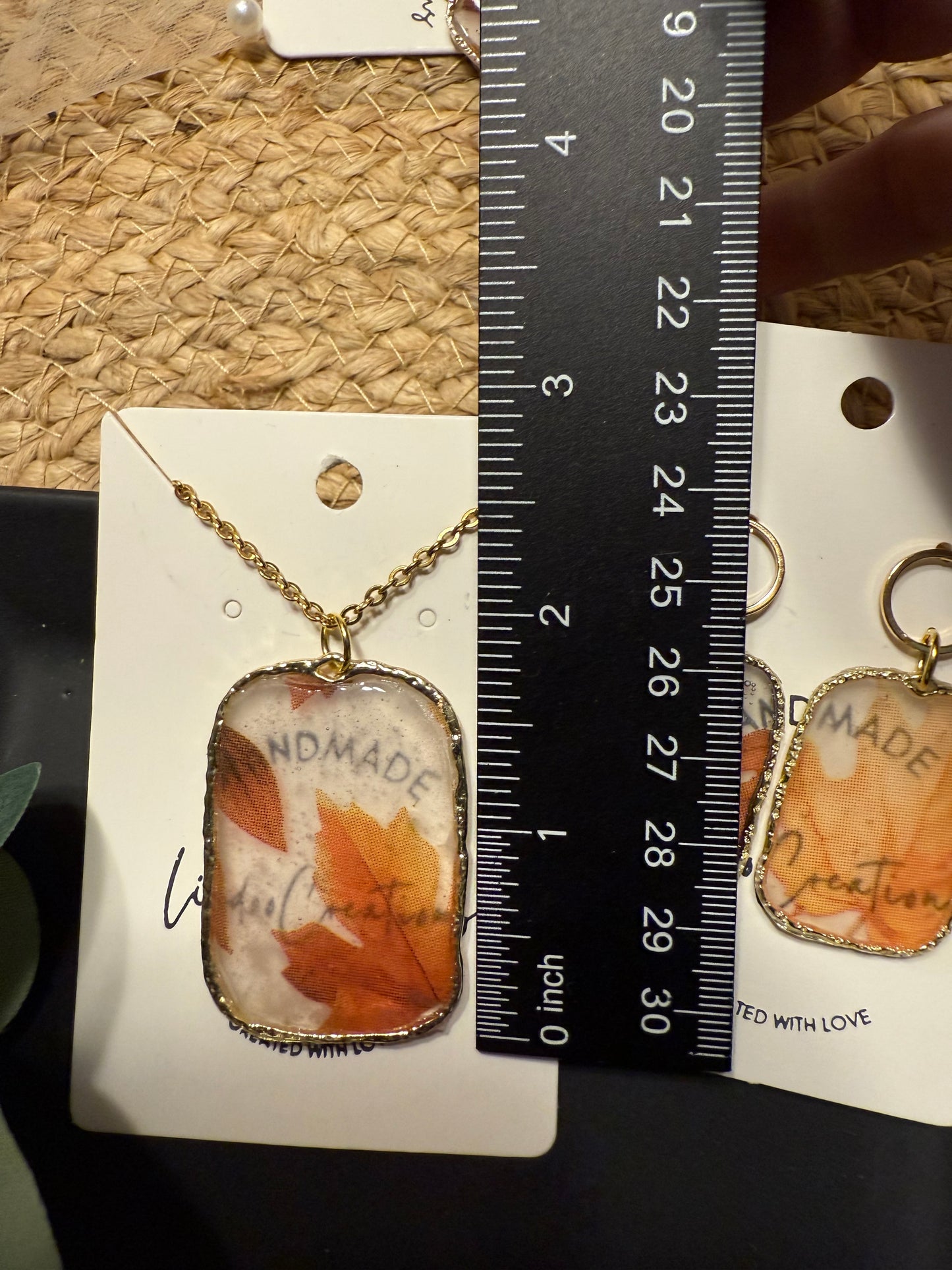 Set of necklace & earrings autumn fall leaf pattern with bow charm