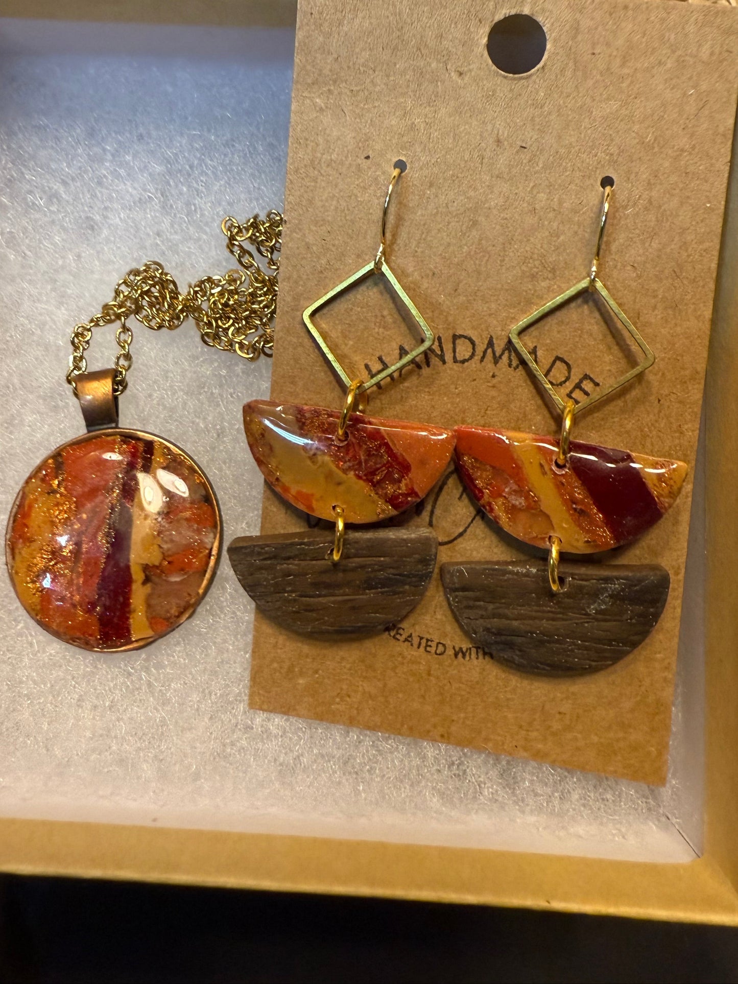 Fall colors necklace & earring SET Emily earrings faux wood look