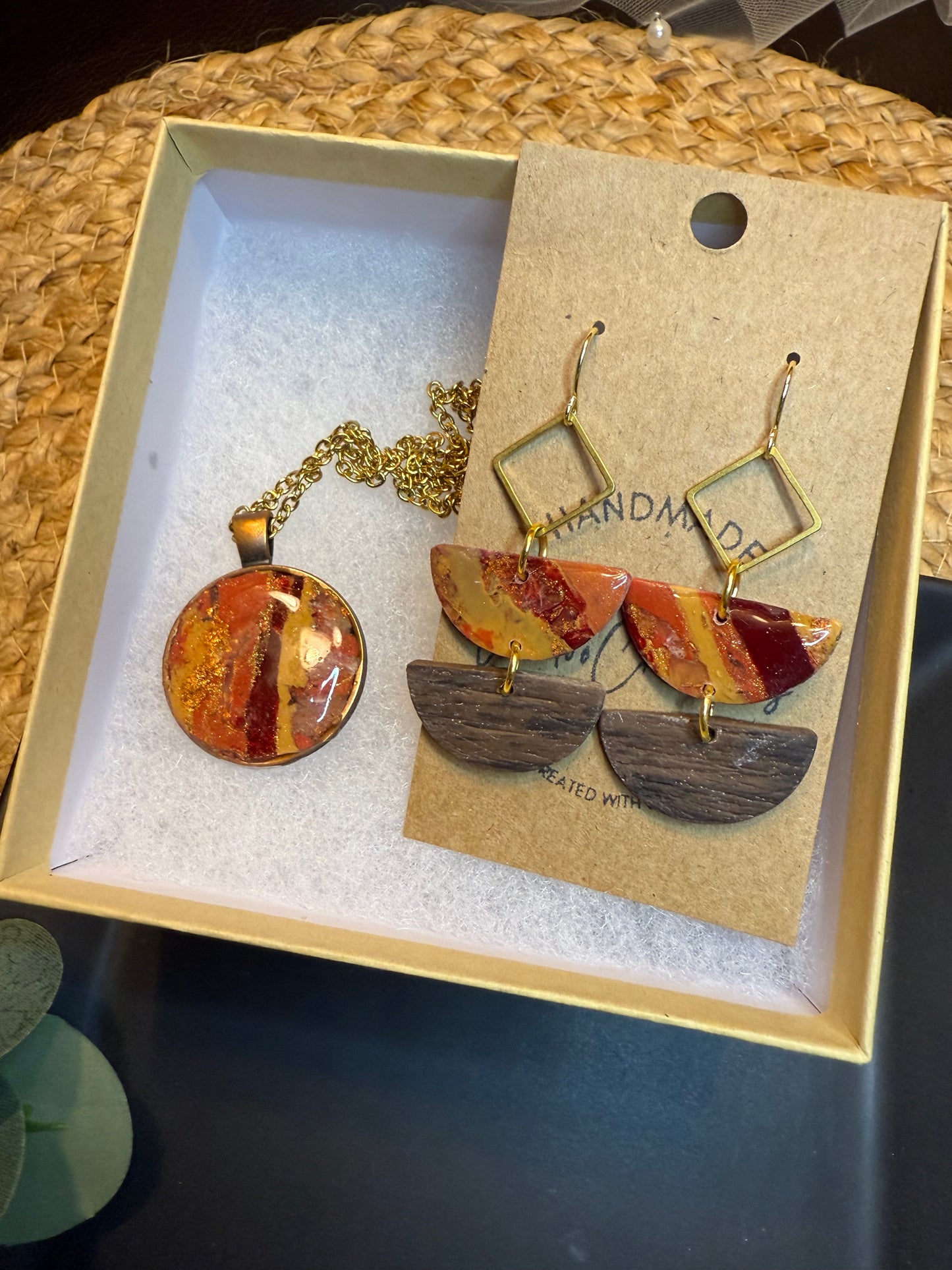 Fall colors necklace & earring SET Emily earrings faux wood look