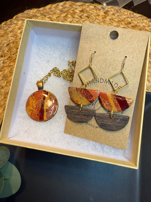 Fall colors necklace & earring SET Emily earrings faux wood look