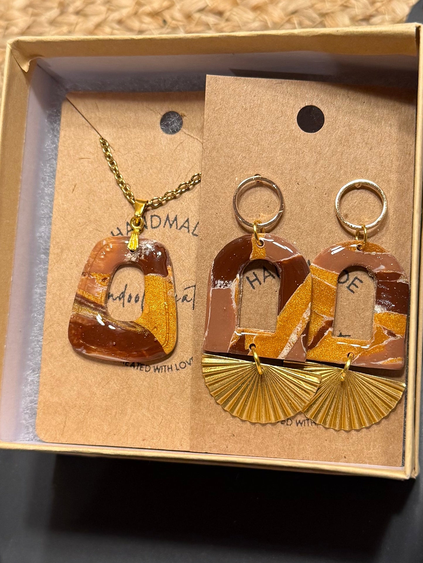 Brown marble earrings & necklace SET with gold charms