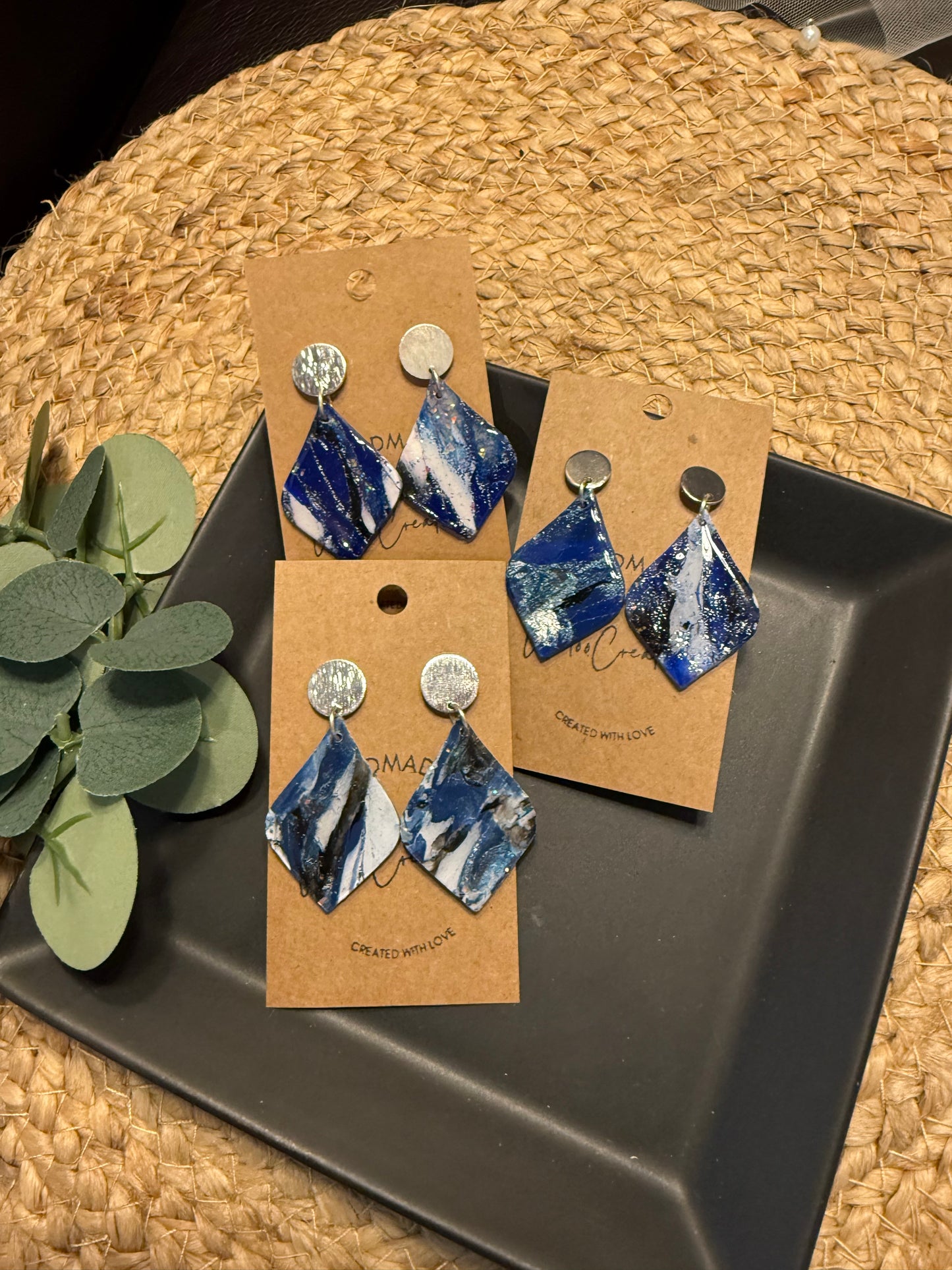 Blue Marble teardrop shape clay earrings with silver stud closure handmade lightweight resin coating medium denim blue the Lily