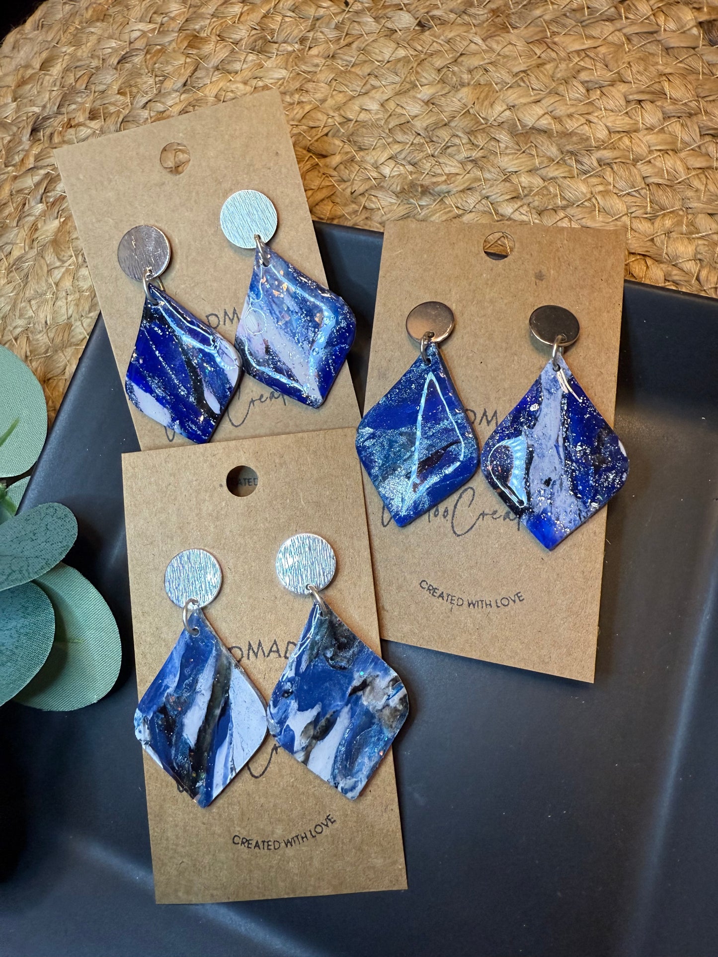 Blue Marble teardrop shape clay earrings with silver stud closure handmade lightweight resin coating medium denim blue the Lily