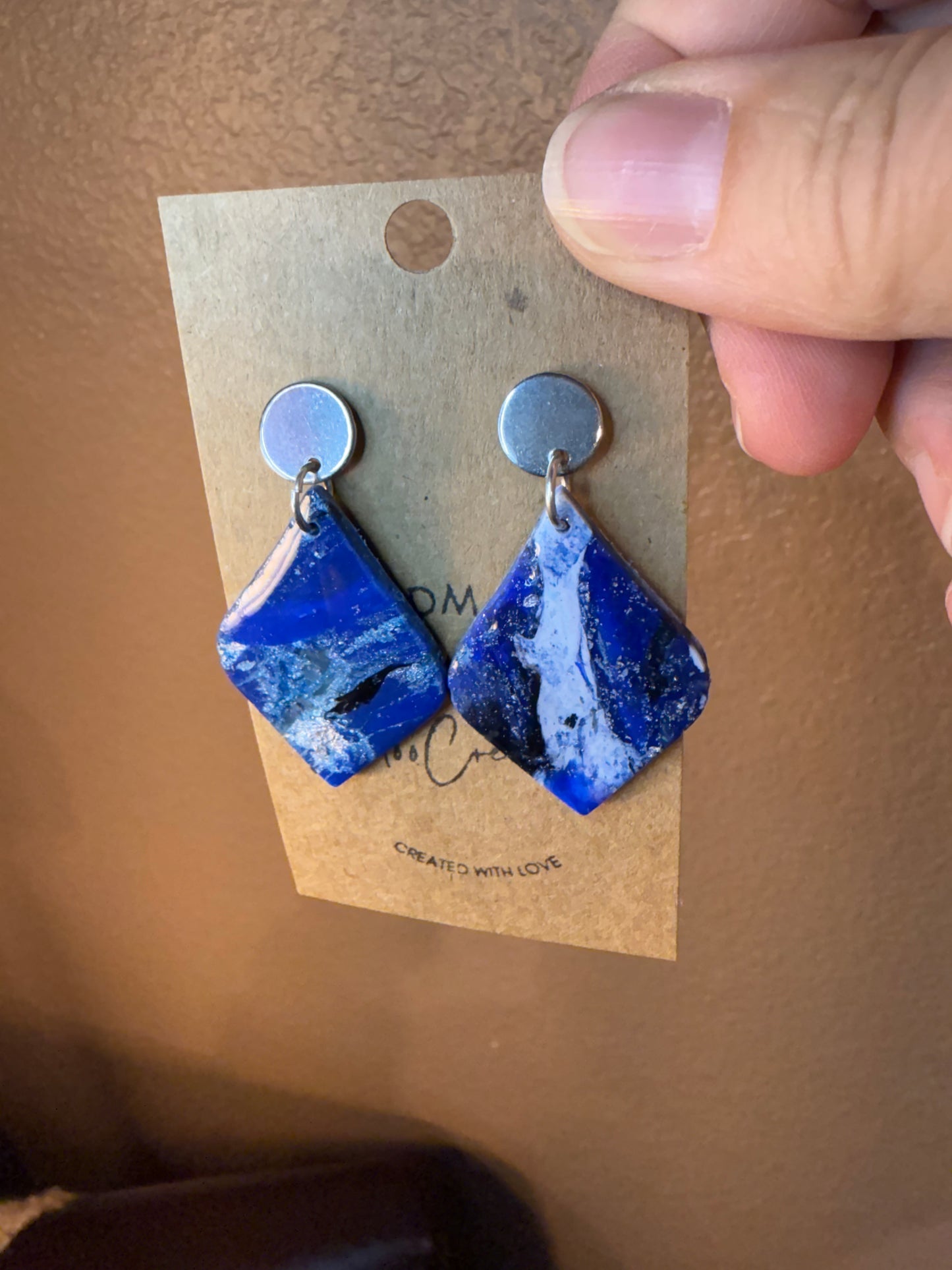 Blue Marble teardrop shape clay earrings with silver stud closure handmade lightweight resin coating medium denim blue the Lily