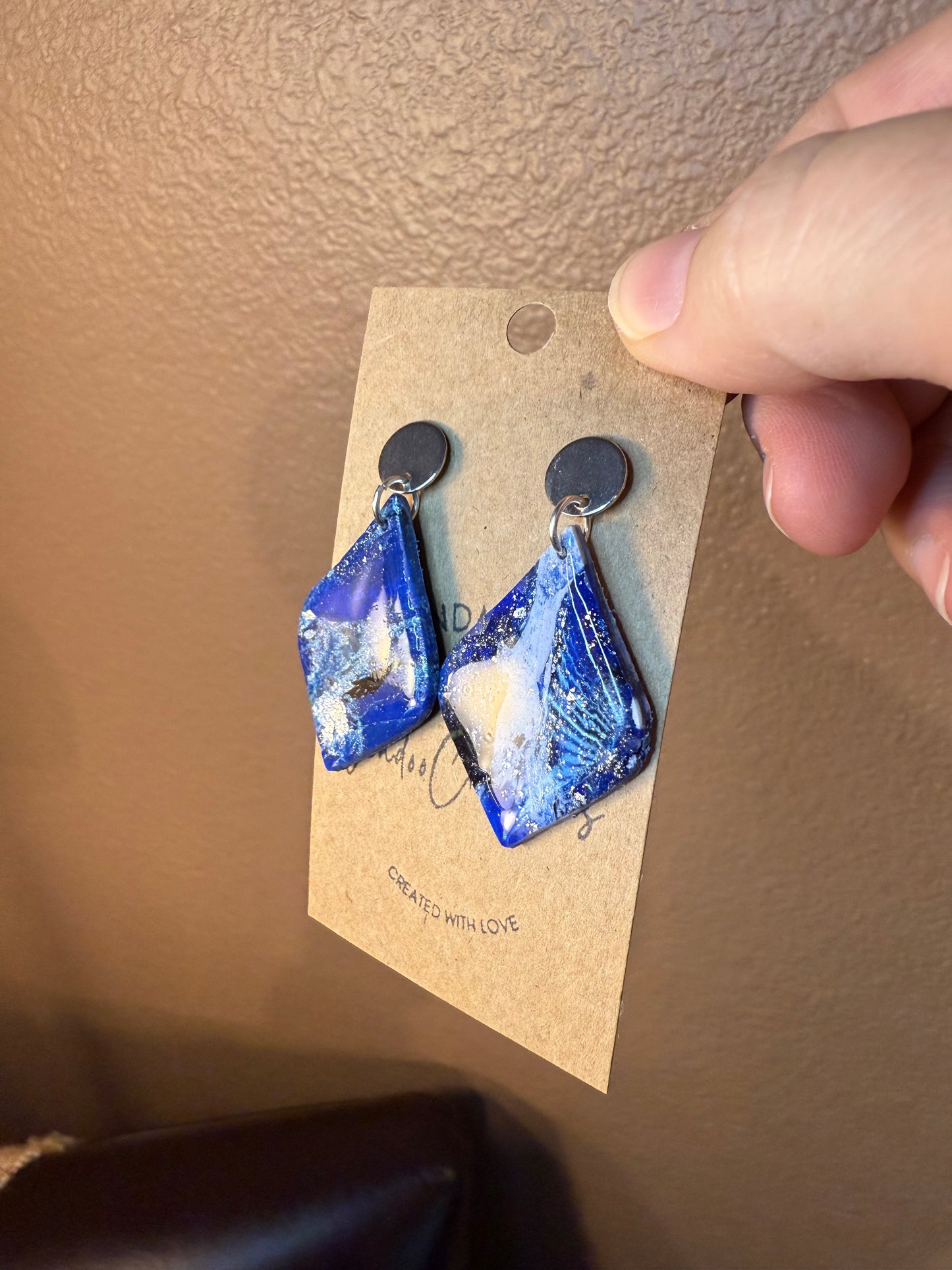 Blue Marble teardrop shape clay earrings with silver stud closure handmade lightweight resin coating medium denim blue the Lily