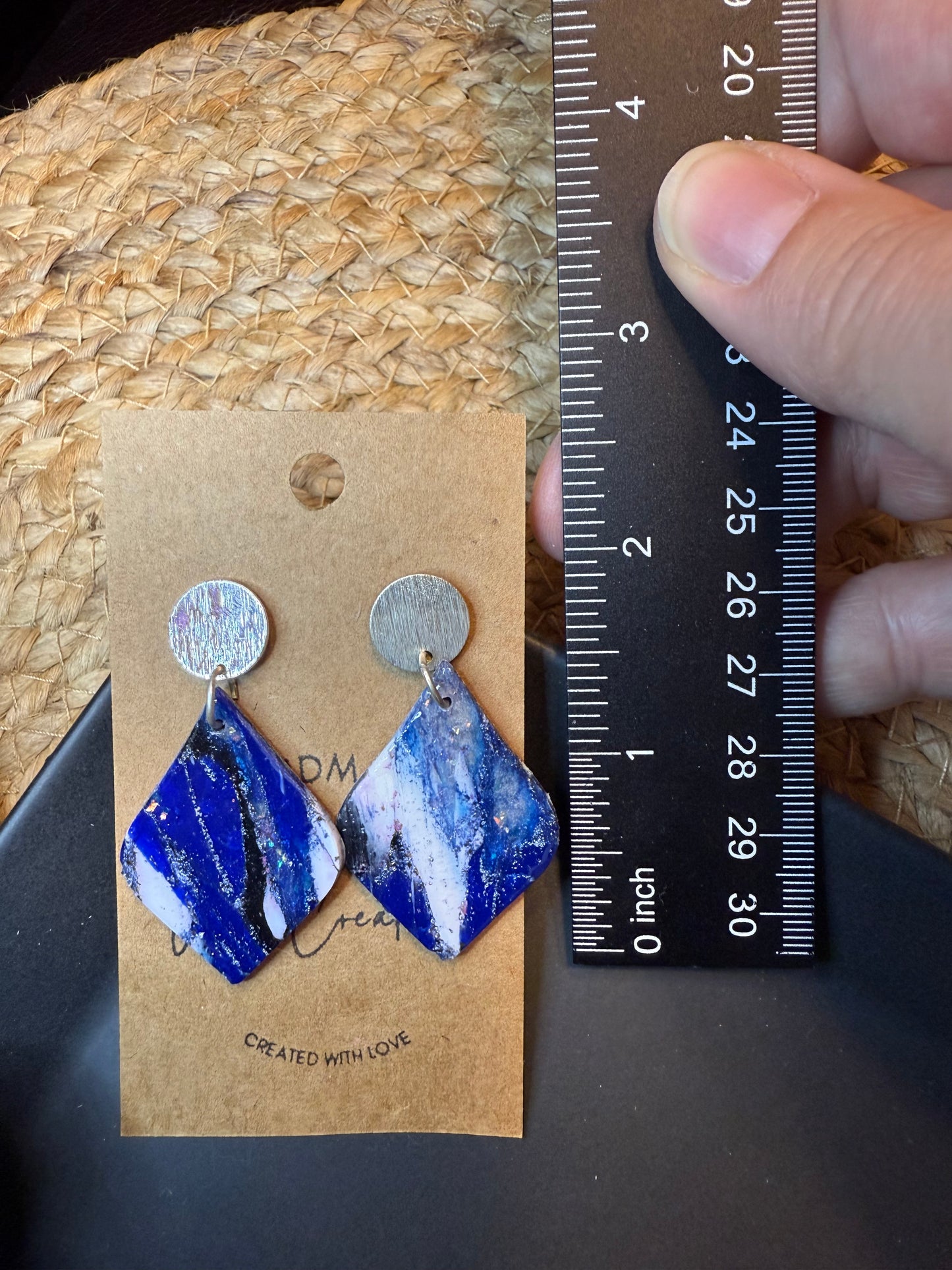 Blue Marble teardrop shape clay earrings with silver stud closure handmade lightweight resin coating medium denim blue the Lily