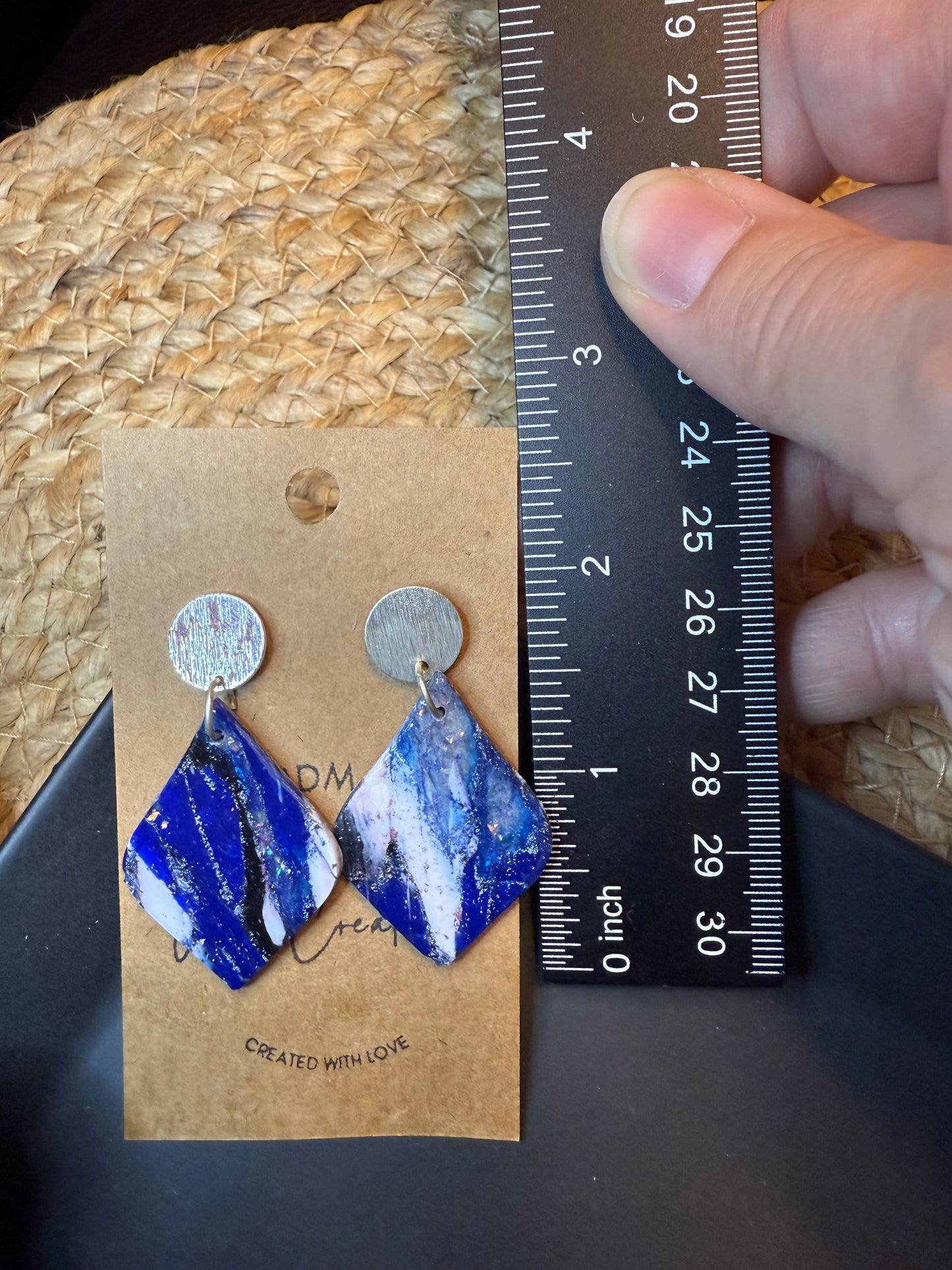 Blue Marble teardrop shape clay earrings with silver stud closure handmade lightweight resin coating medium denim blue the Lily