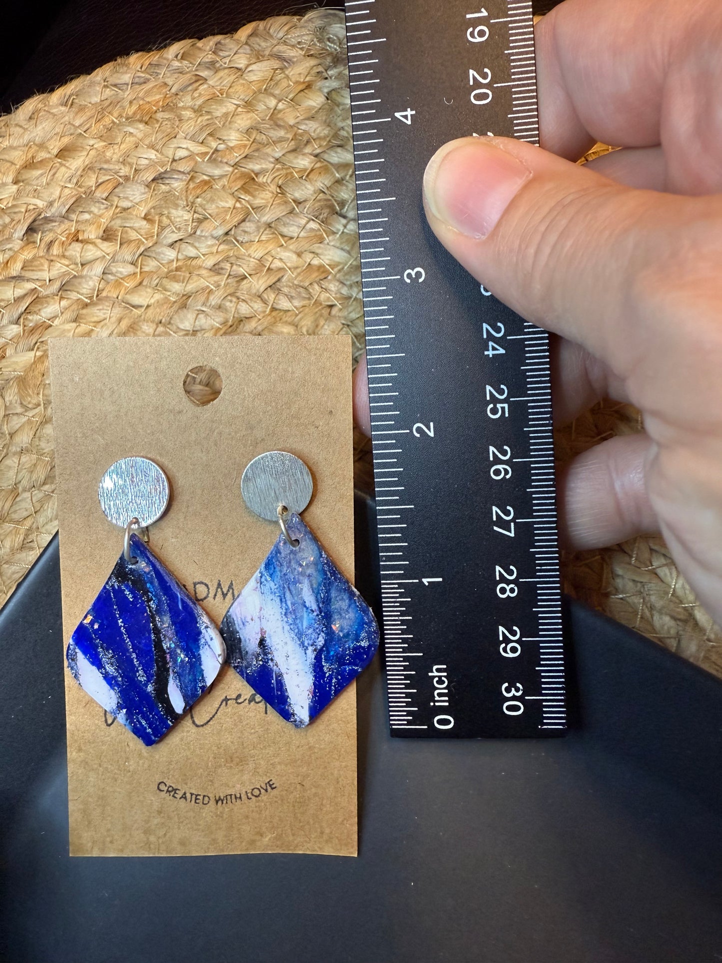 Blue Marble teardrop shape clay earrings with silver stud closure handmade lightweight resin coating medium denim blue the Lily