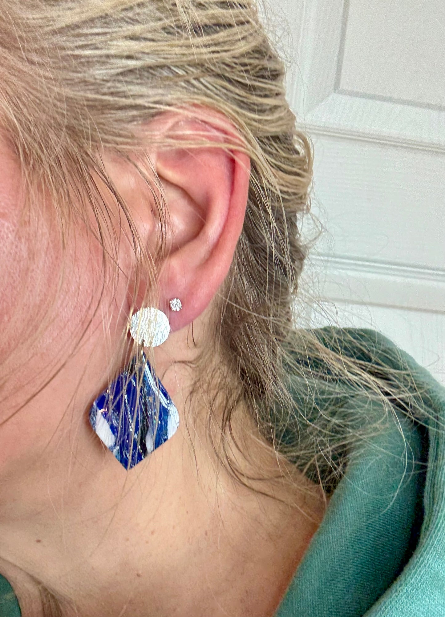 Blue Marble teardrop shape clay earrings with silver stud closure handmade lightweight resin coating medium denim blue the Lily