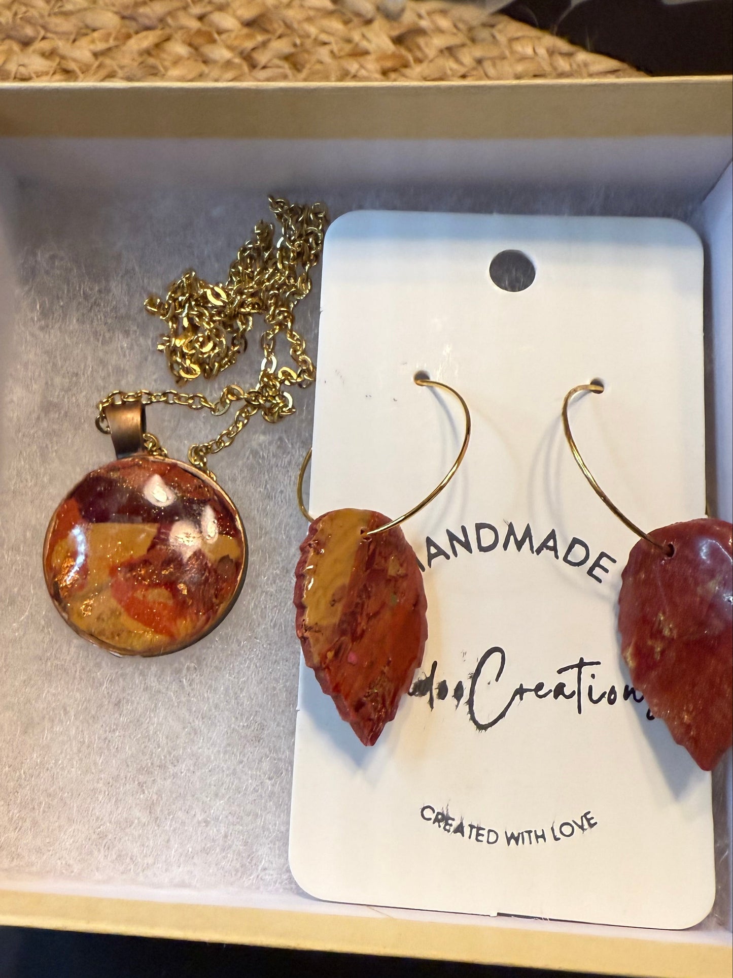 Fall colors necklace & earring SET leaf earrings marbled colors