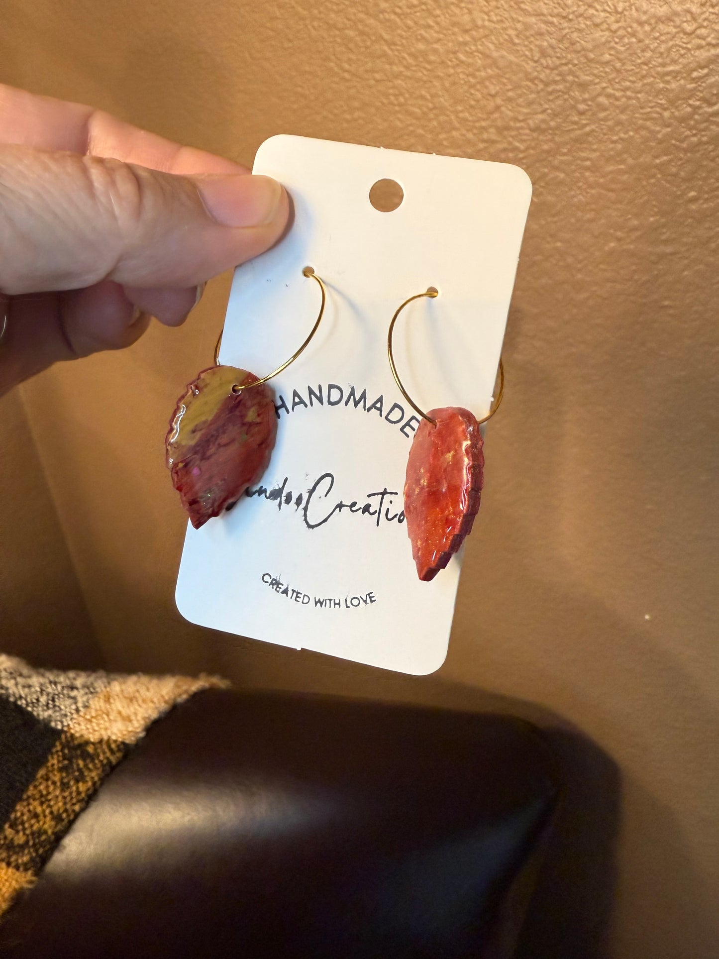 Fall colors necklace & earring SET leaf earrings marbled colors