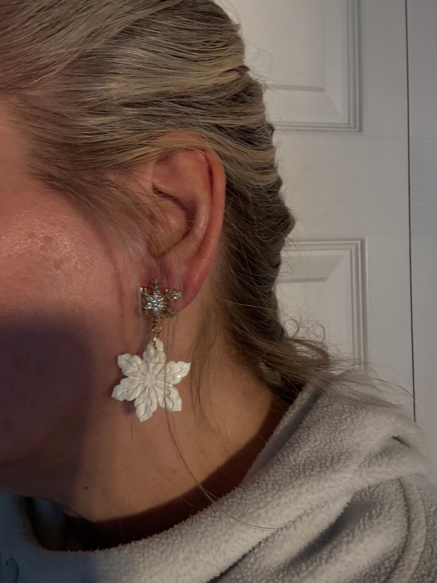 Sparkly white Snowflake clay earrings handmade lightweight Holiday Christmas Winter gold snowflake stud