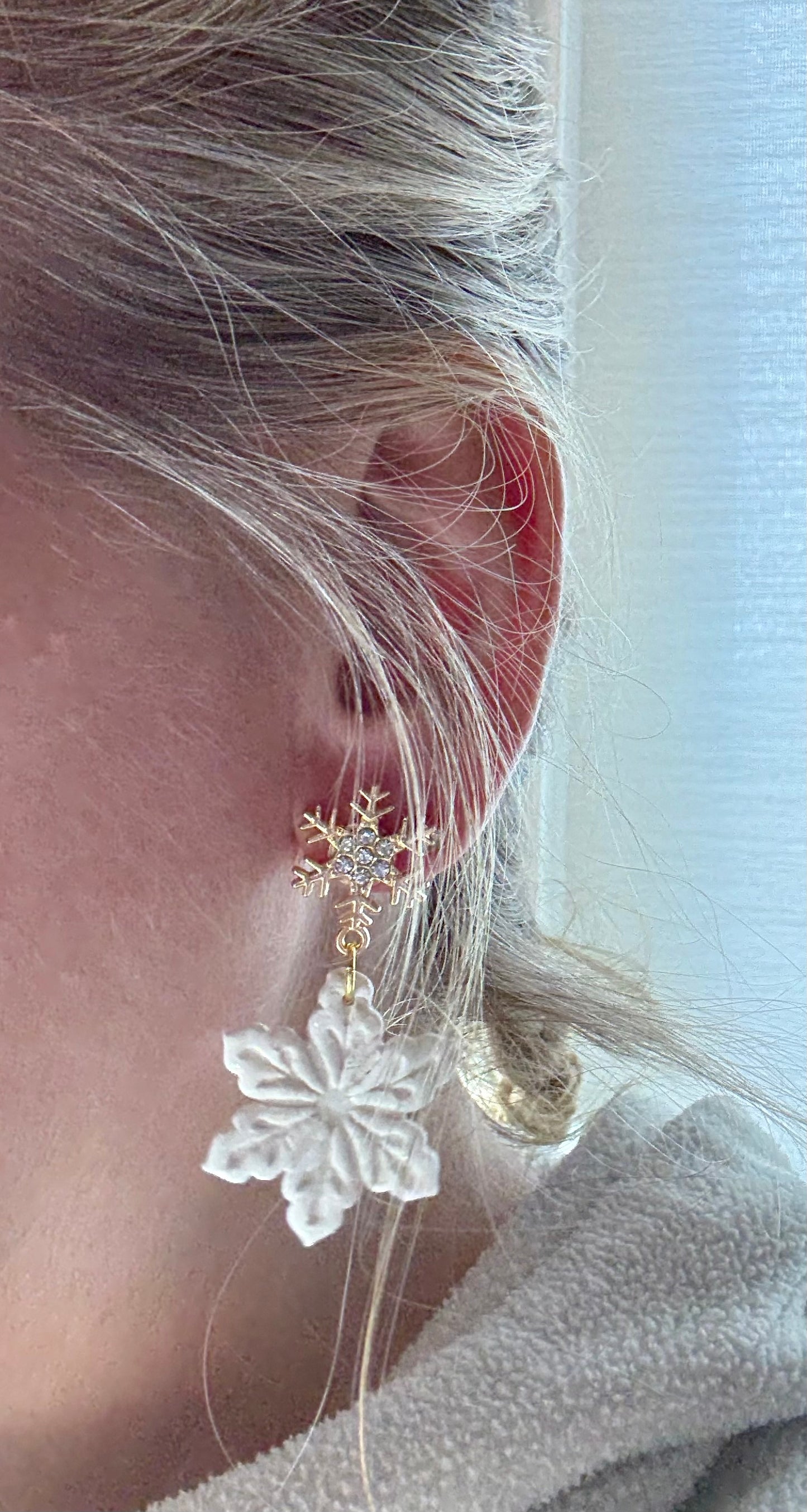 Sparkly white Snowflake clay earrings handmade lightweight Holiday Christmas Winter gold snowflake stud