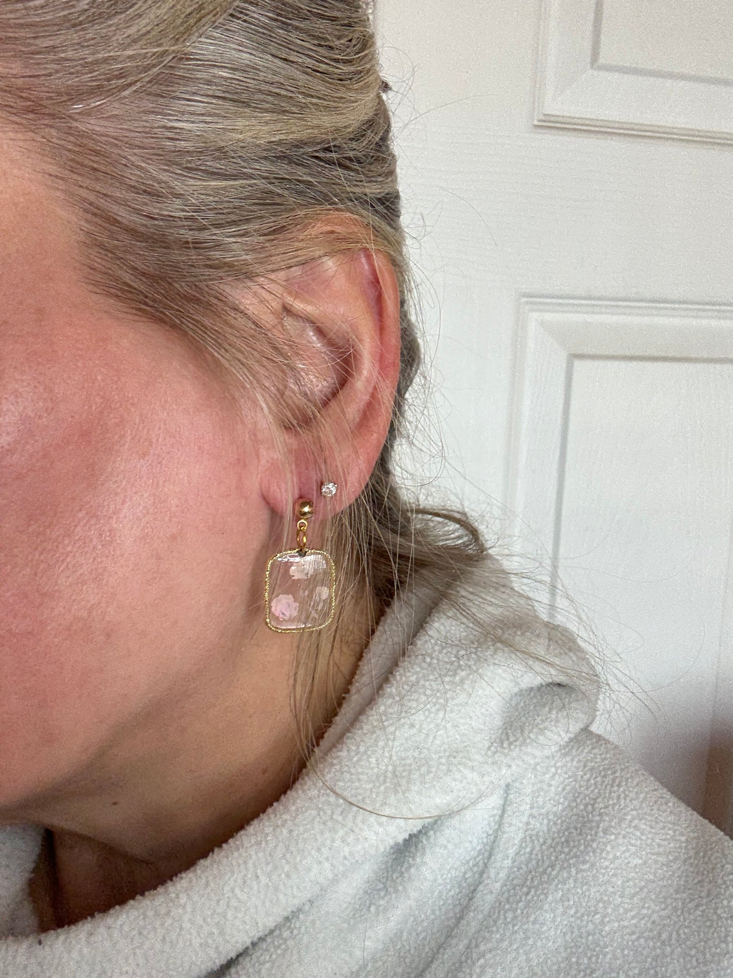 Delicate pink flowers in resin necklace and earrings set