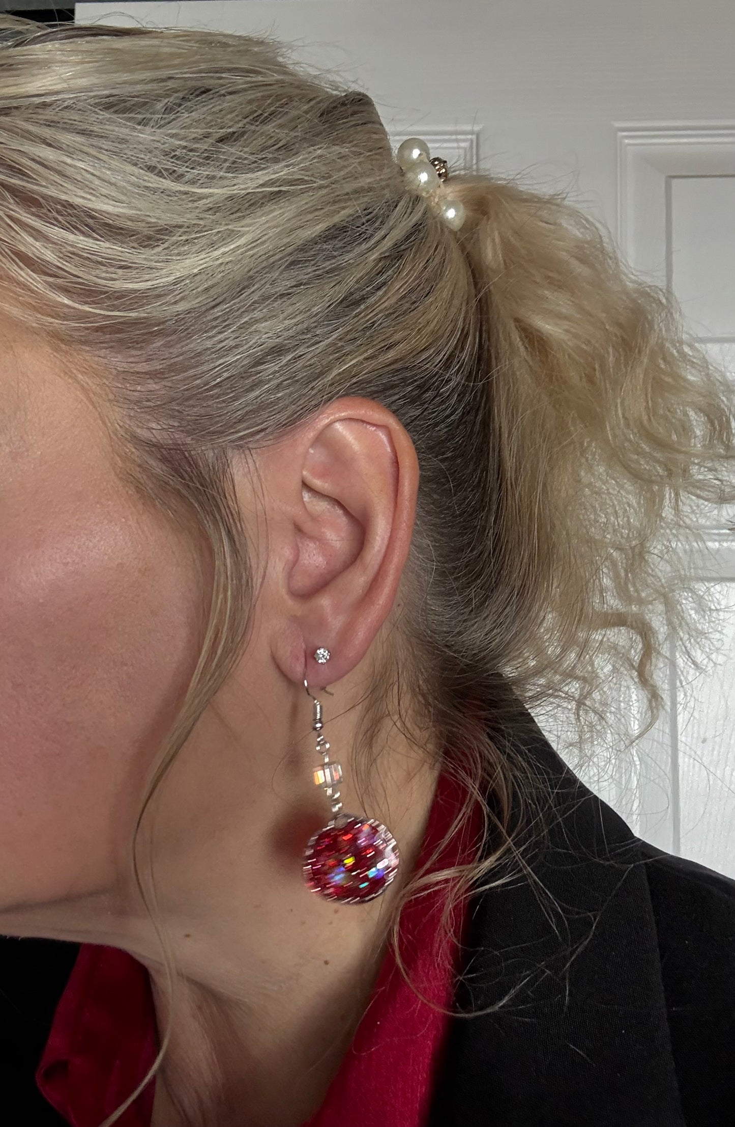 red glitter in resin holiday sparkly earrings handmade party glam silver bead glitter statement earrings gift for Christmas party New Year's Eve