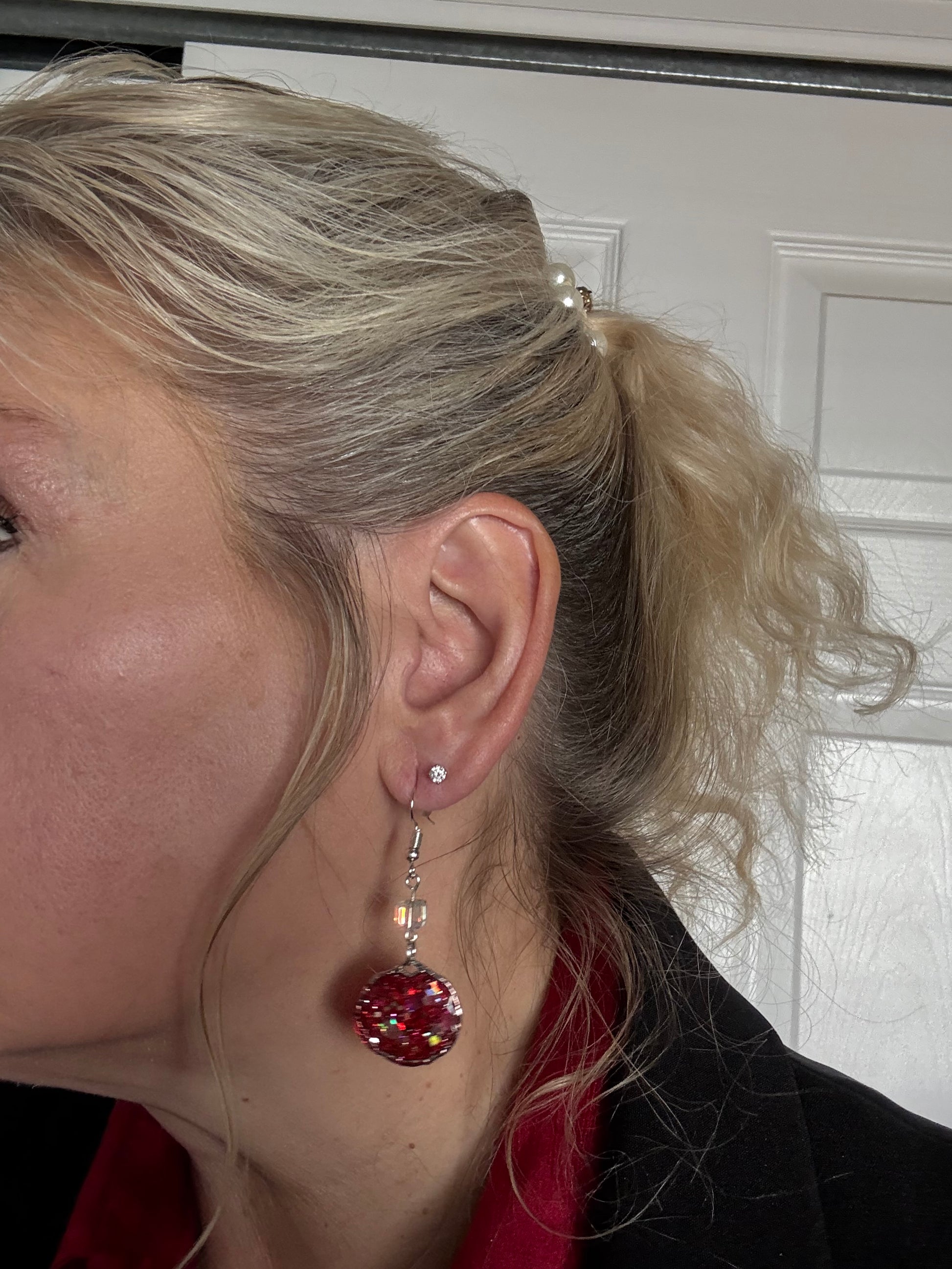 red glitter in resin holiday sparkly earrings handmade party glam silver bead glitter statement earrings gift for Christmas party New Year's Eve