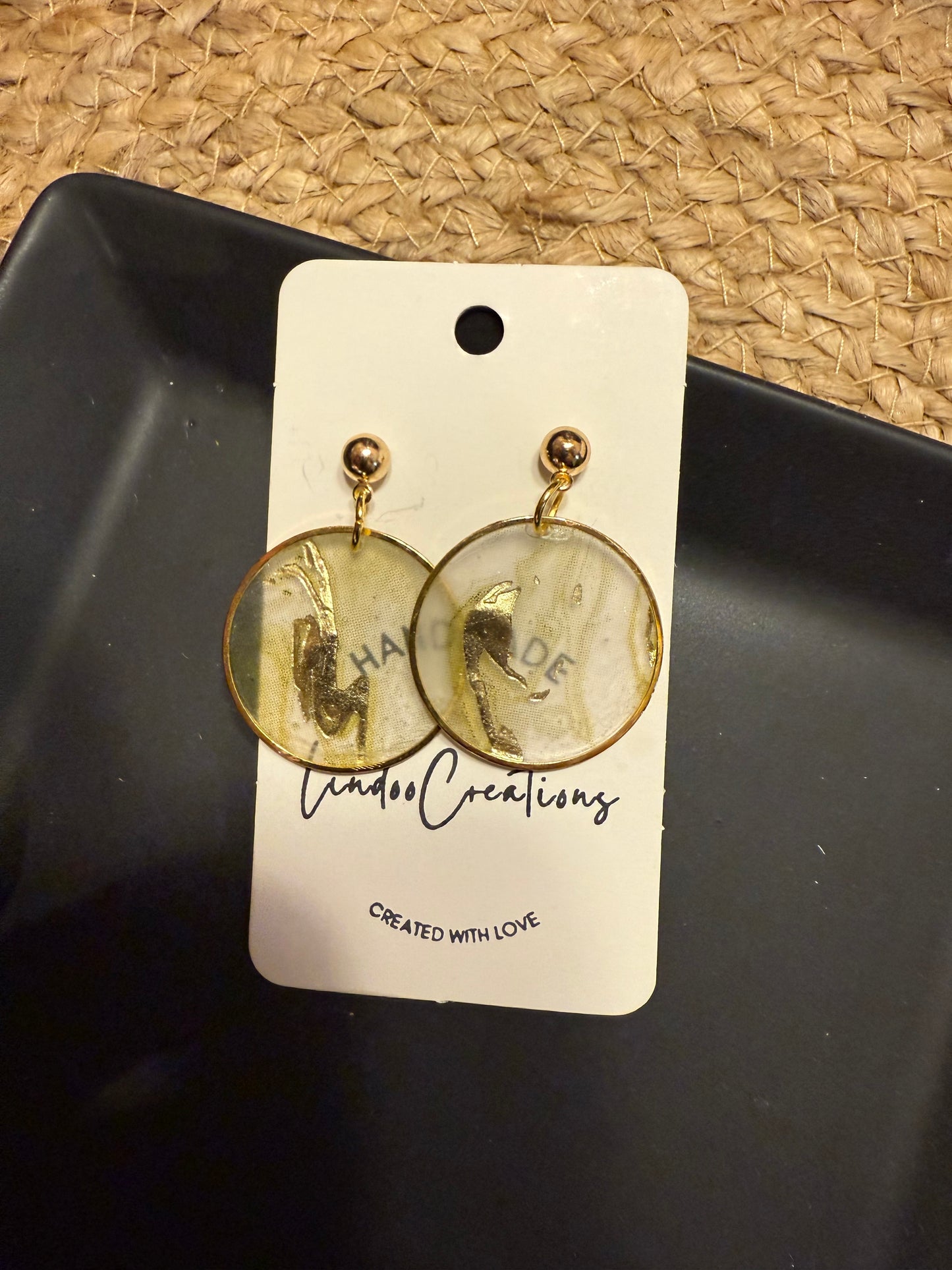 Gold circle dangle earrings with gold leaf abstract art pattern in resin lightweight modern earrings handmade great gift idea gold ball pushback posts