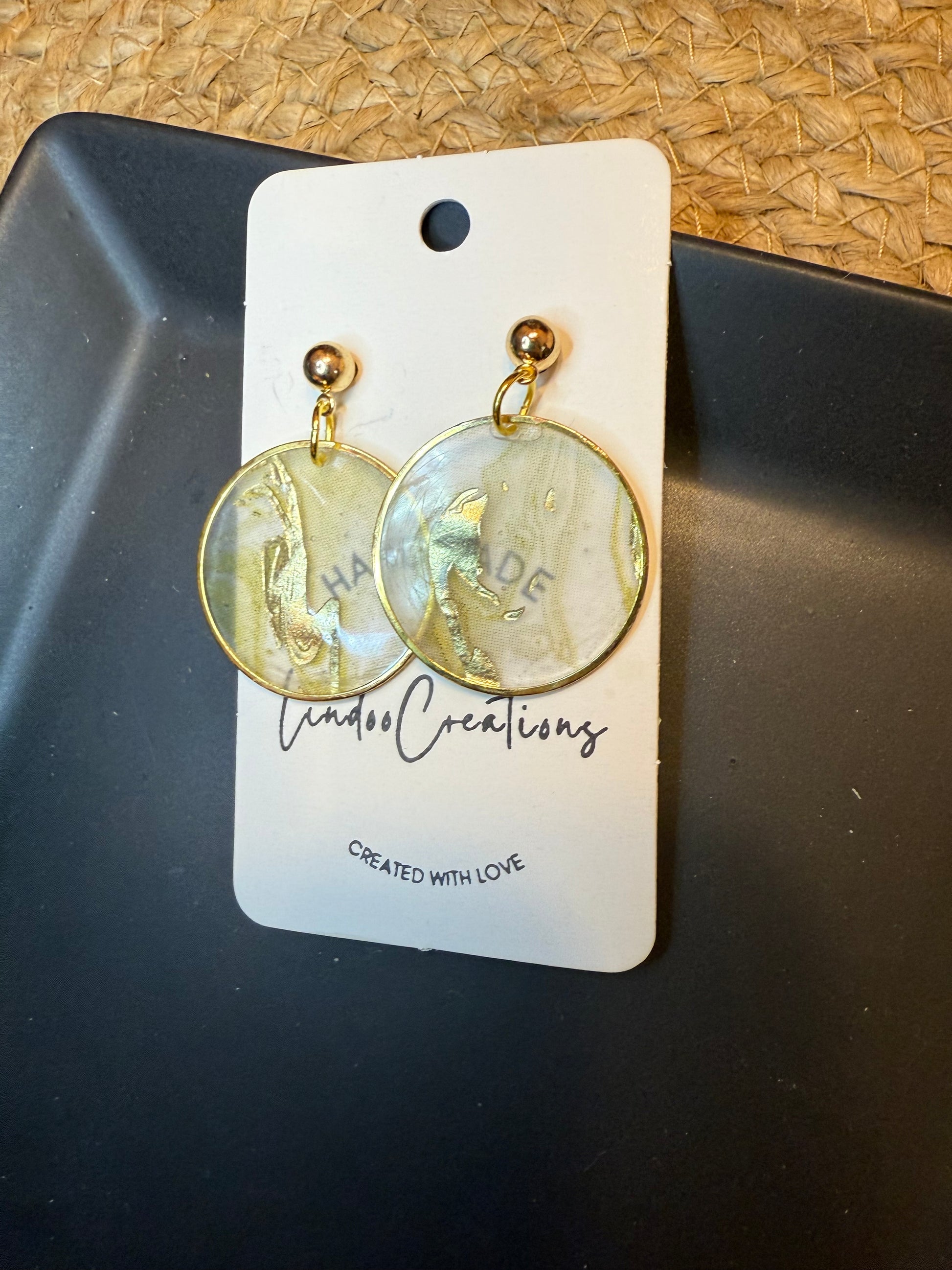 Gold circle dangle earrings with gold leaf abstract art pattern in resin lightweight modern earrings handmade great gift idea gold ball pushback posts