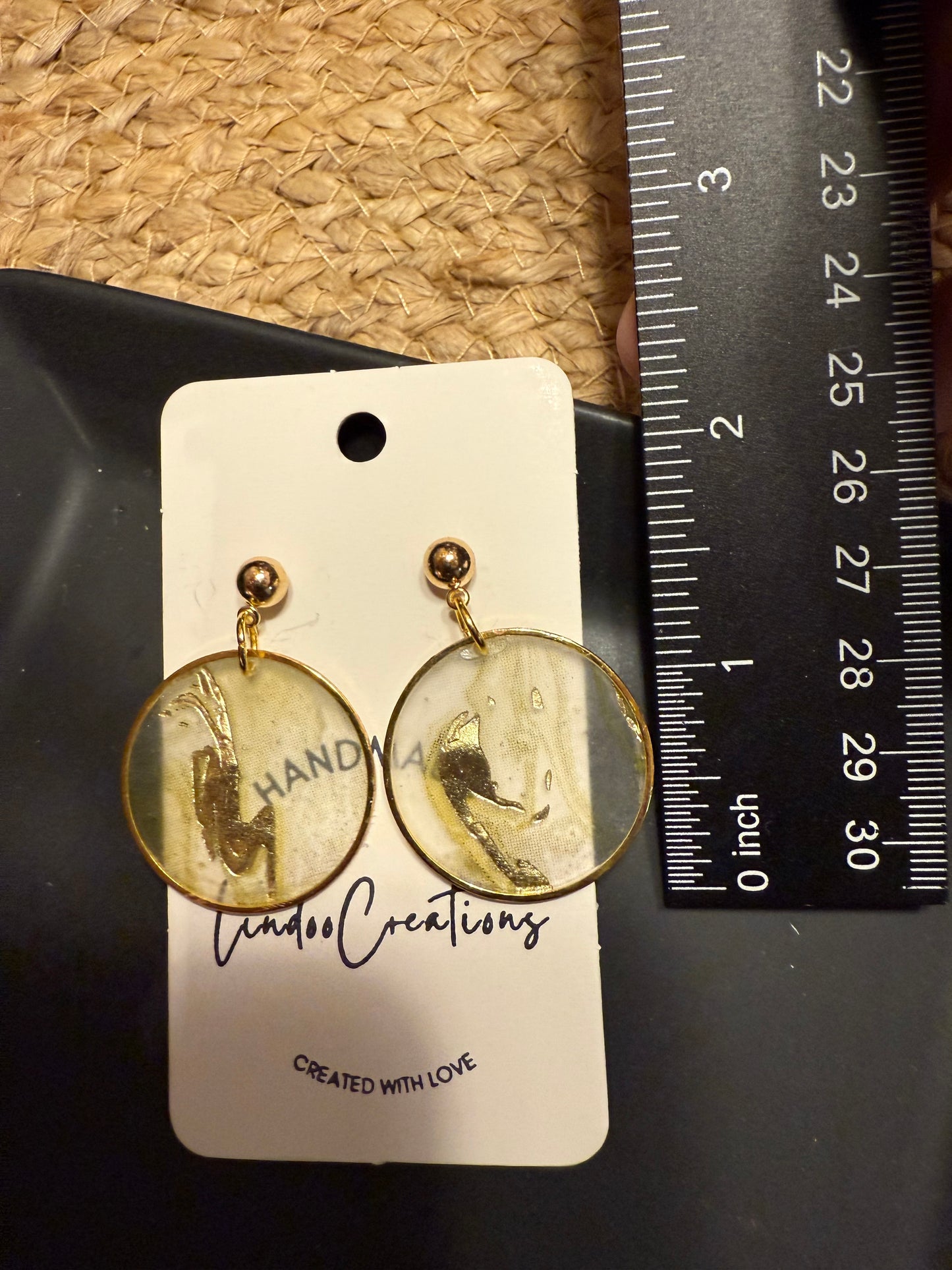 Gold circle dangle earrings with gold leaf abstract art pattern in resin lightweight modern earrings handmade great gift idea gold ball pushback posts