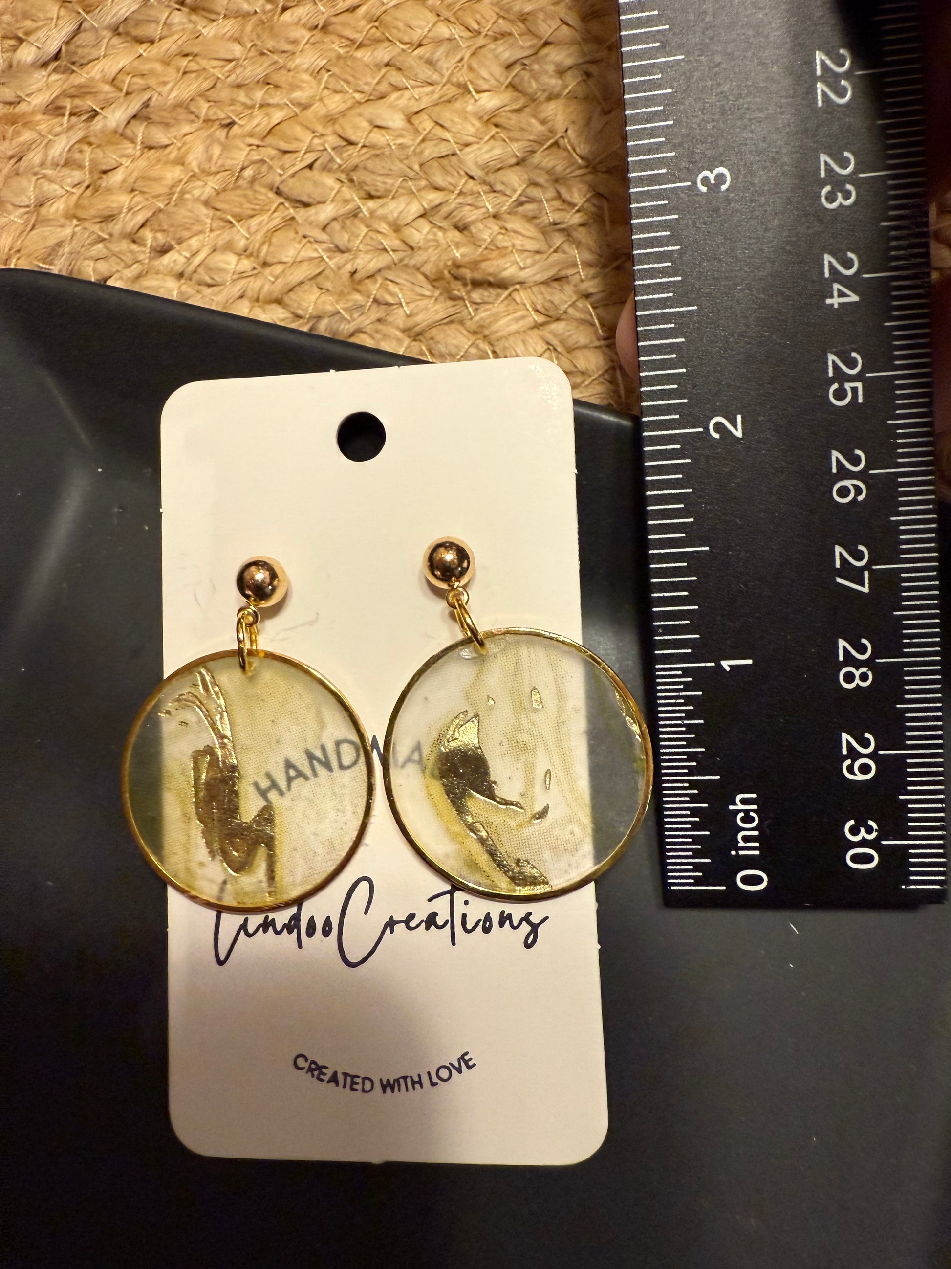 Gold circle dangle earrings with gold leaf abstract art pattern in resin lightweight modern earrings handmade great gift idea gold ball pushback posts