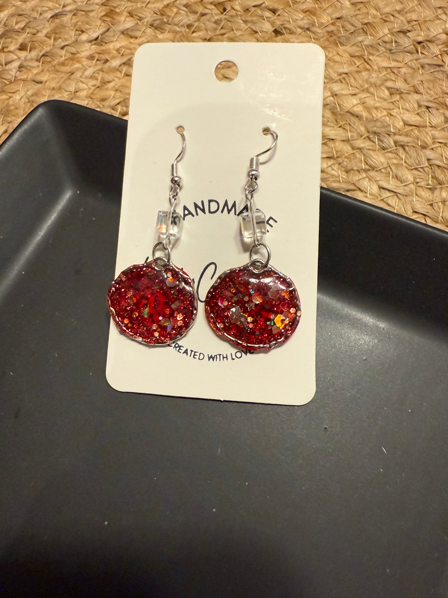 red glitter in resin holiday sparkly earrings handmade party glam silver bead glitter statement earrings gift for Christmas party New Year's Eve