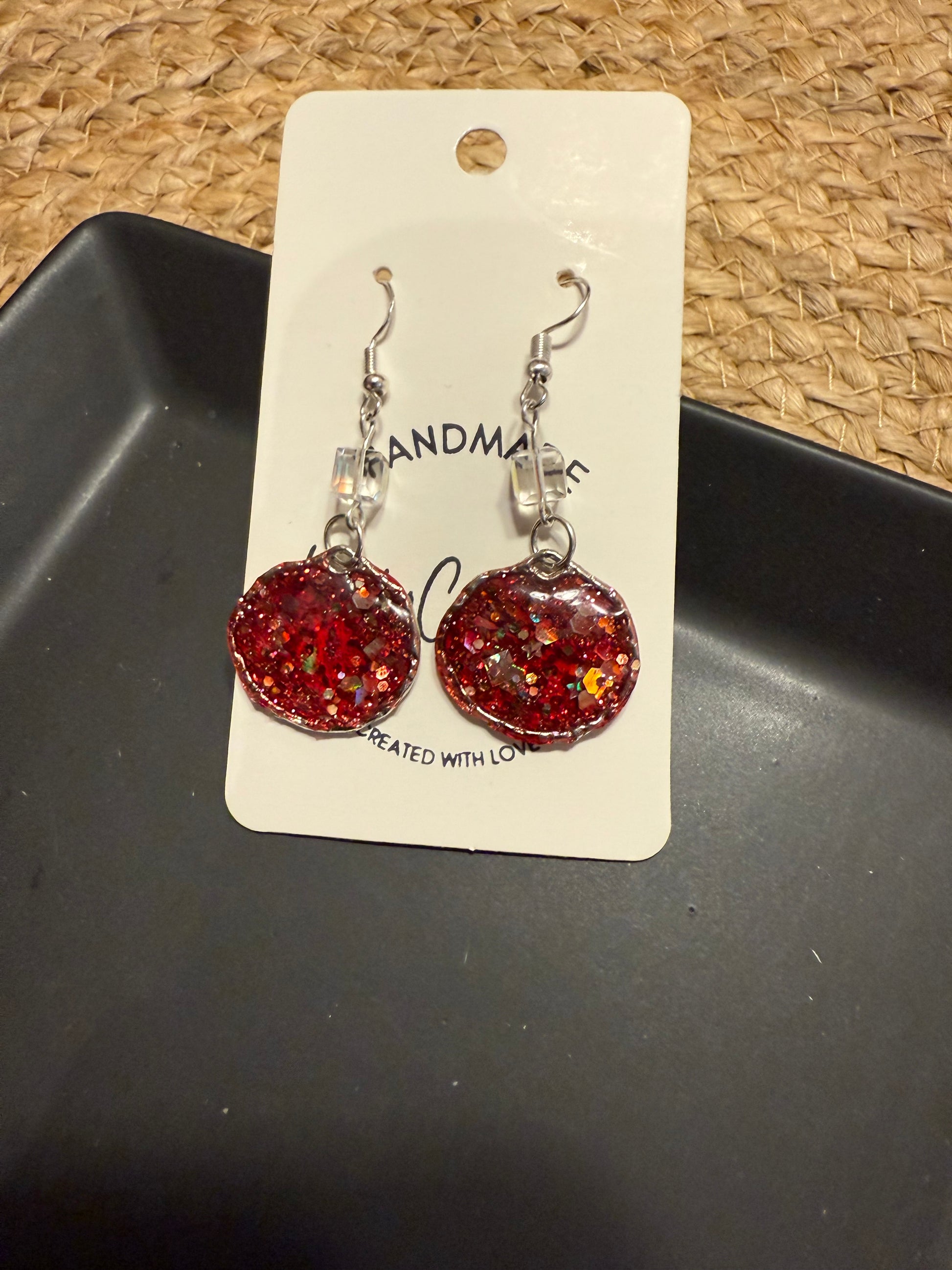 red glitter in resin holiday sparkly earrings handmade party glam silver bead glitter statement earrings gift for Christmas party New Year's Eve