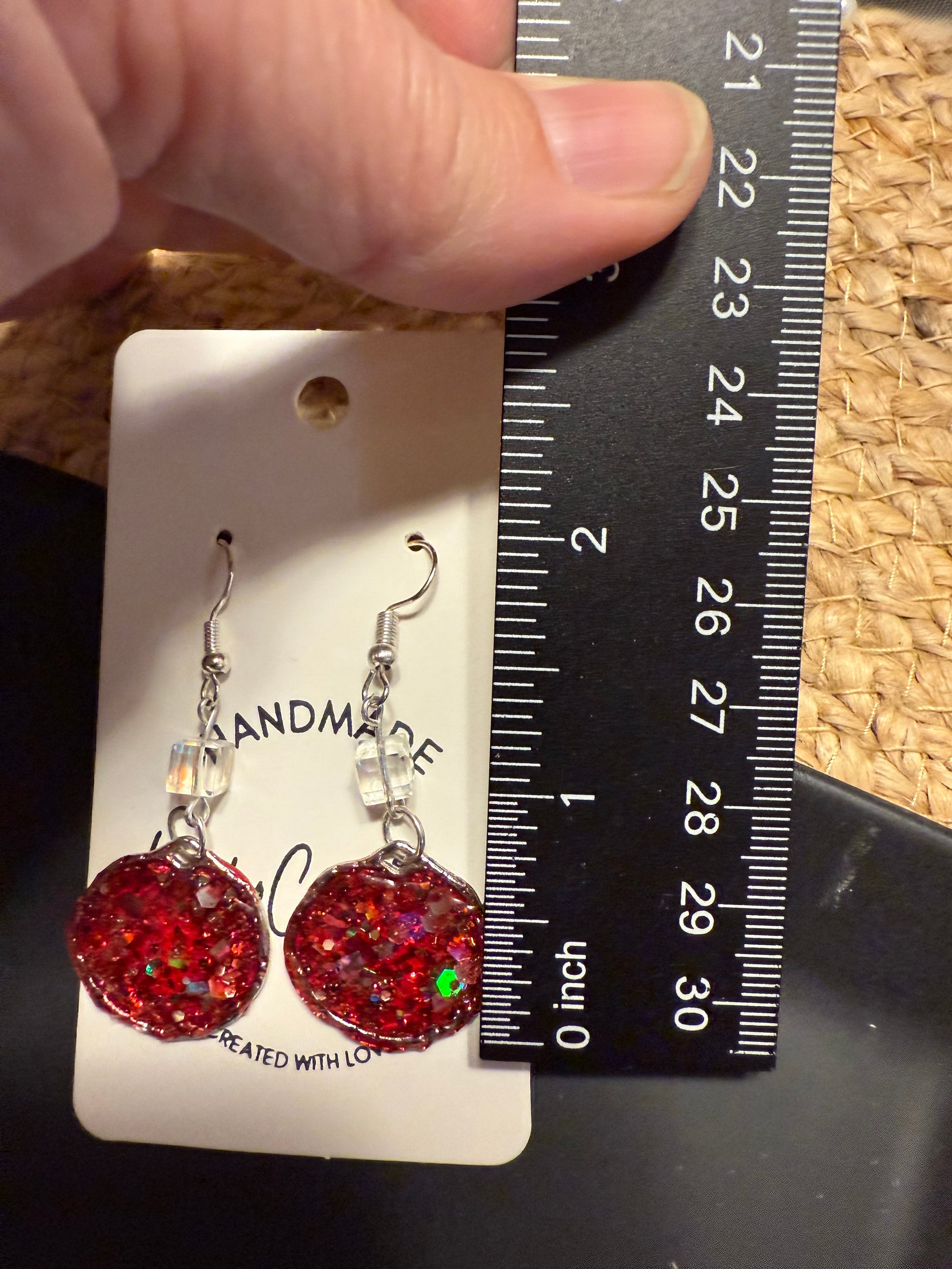 red glitter in resin holiday sparkly earrings handmade party glam silver bead glitter statement earrings gift for Christmas party New Year's Eve