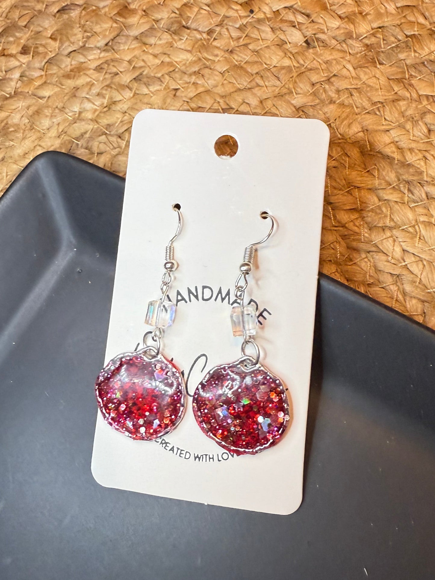 red glitter in resin holiday sparkly earrings handmade party glam silver bead glitter statement earrings gift for Christmas party New Year's Eve