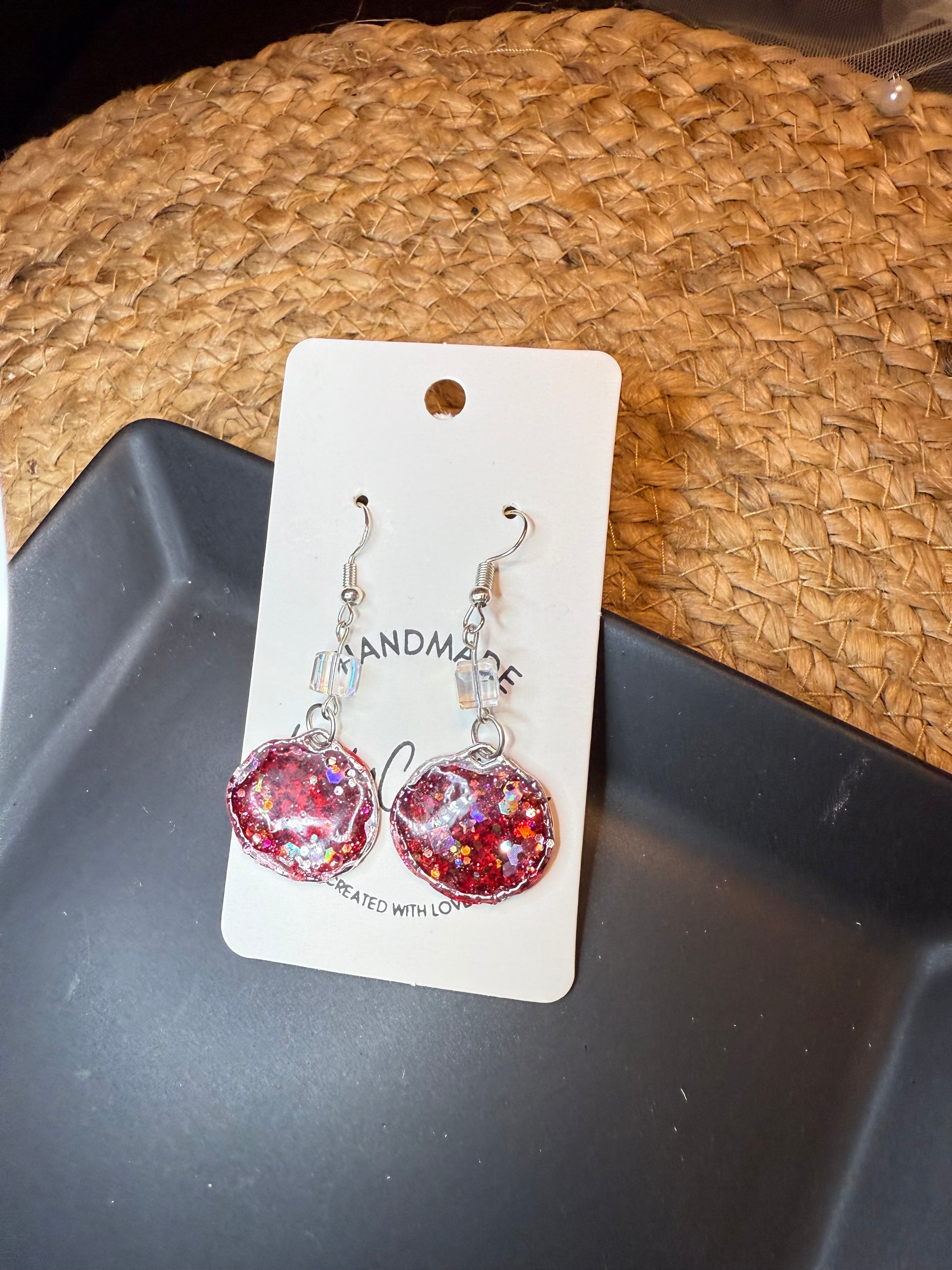 red glitter in resin holiday sparkly earrings handmade party glam silver bead glitter statement earrings gift for Christmas party New Year's Eve
