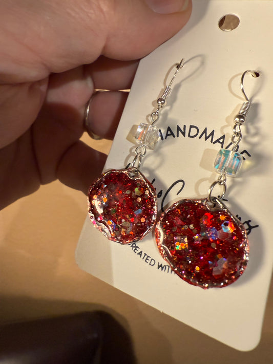red glitter in resin holiday sparkly earrings handmade party glam silver bead glitter statement earrings gift for Christmas party New Year's Eve