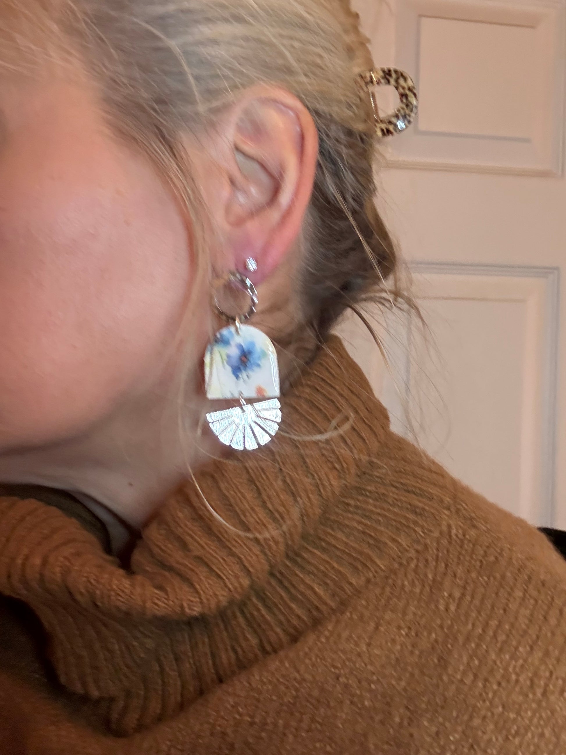 Summer Flower Collection Bold Polymer Clay Earrings Wedding Party Accessories Handmade Botanical Design Bridesmaid Gift Set Pink Blue Green Floral Pattern Dangle Earring silver Fan charm Collection Fashion Forward Style Resin Coated Jewelry Beautiful Wedding Mother's Day gift